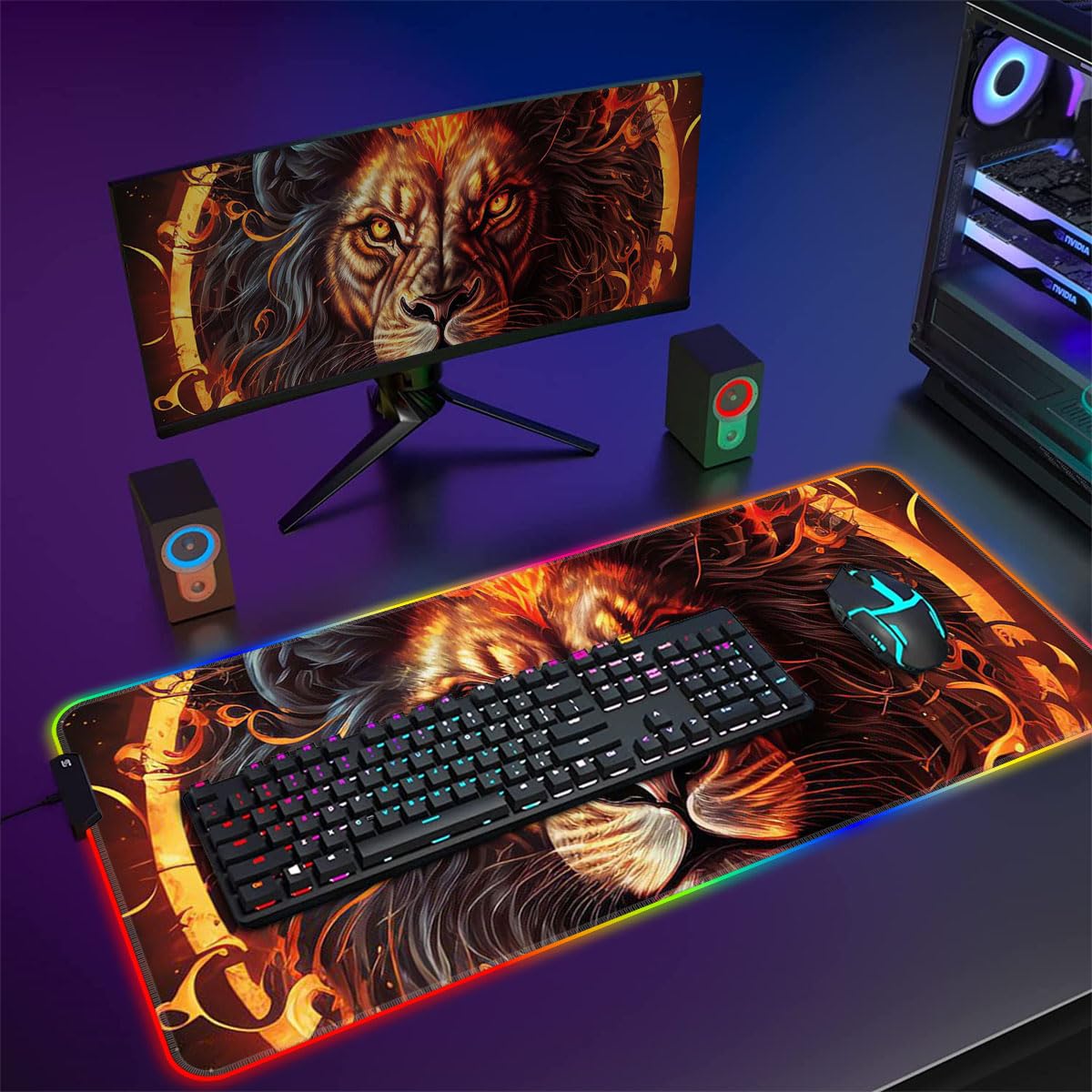 Tappetino per mouse da gioco con testa di leone di fuoco e LED, di grandi dimensioni, ROG, grande, con bordi cuciti (60 x 35 x 0,3 cm) tappetino da scrivania per ufficio