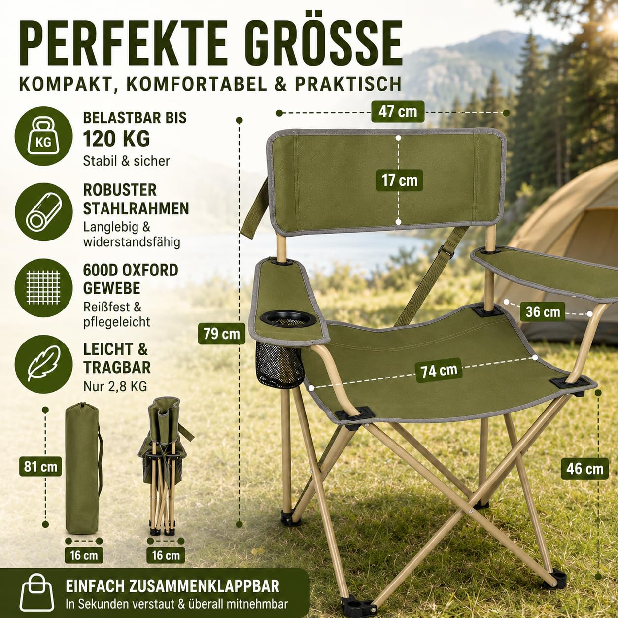 ROYAL SWISS 6 Stück Campingstuhl klappbar mit Getränkehalter & Tragetasche – Leichter Faltstuhl für Erwachsene, Camping, Angeln, Festival, Picknick, Strand und Sportevents