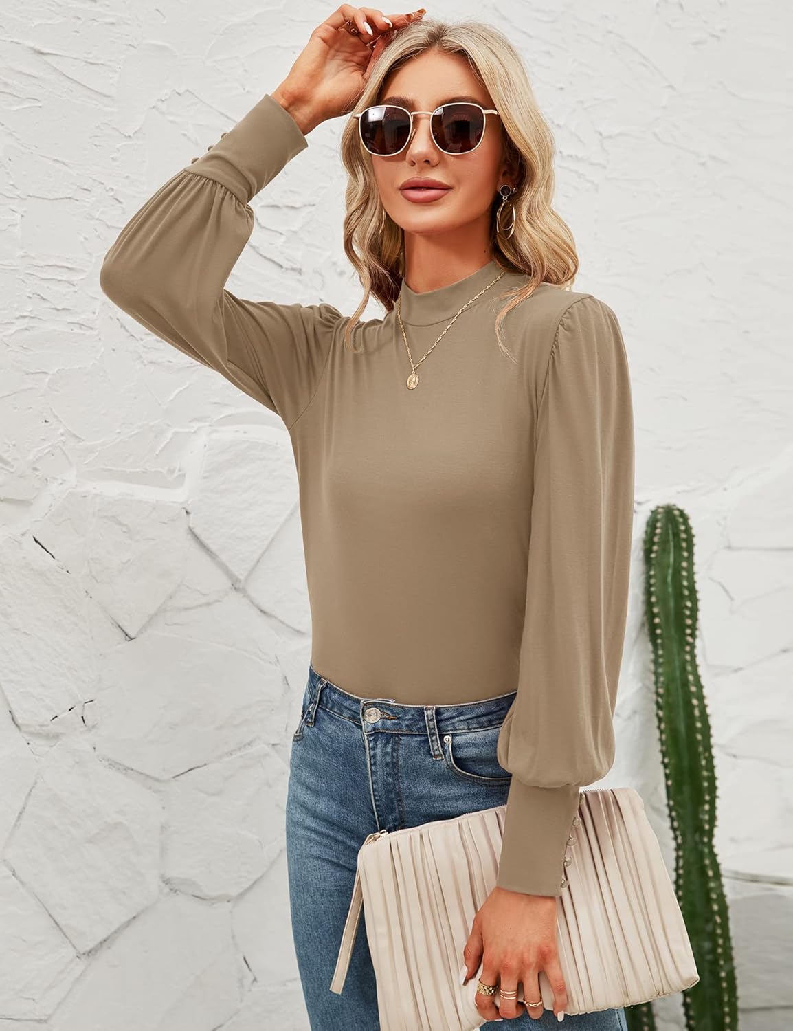 Qirno Womens Mock Neck Puff Long Sleeve Tops Casual Loose Solid Basic T Shirt Button Cuffs Pullovers Shirts Blouse - Image 5