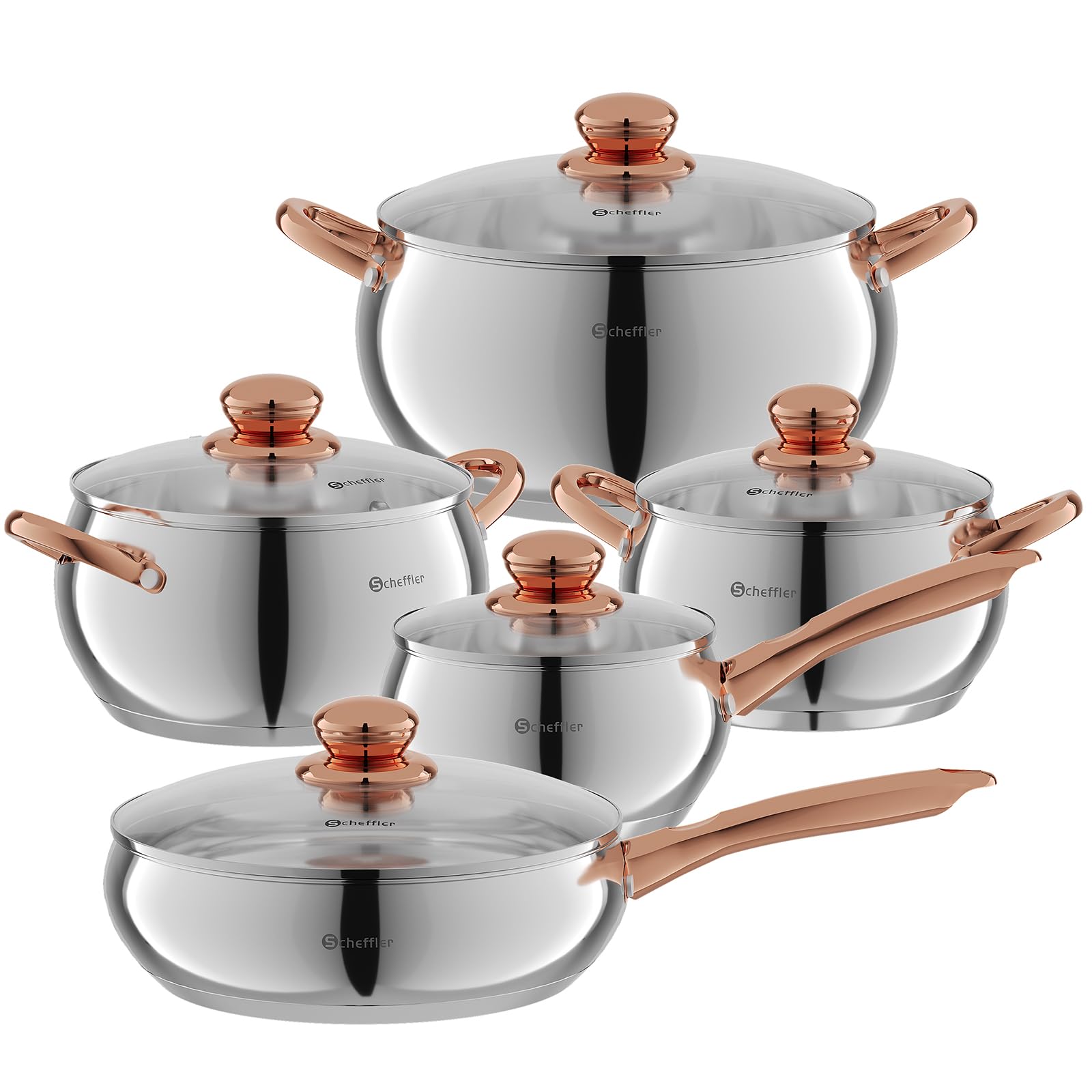 Scheffler Topfset Mit Deckel, 10tlg, Induktions, Für alle Herdarten | Edelstahl-Kochtopfset, 16/18/20/24/24 cm