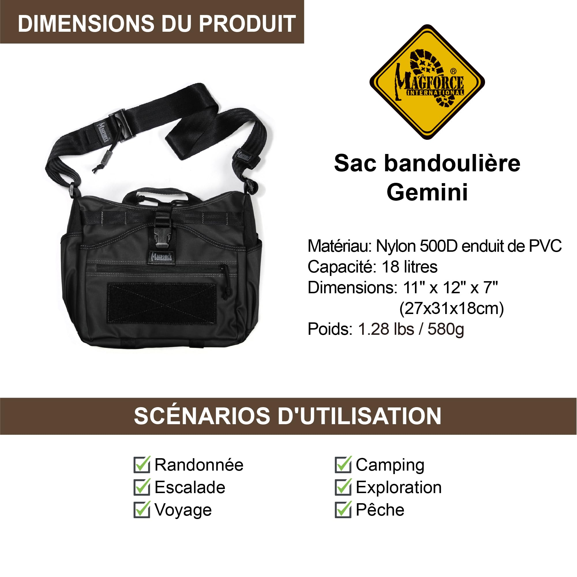 Magforce Sac Banane Tactique City Traveler pour Homme – Voyage et randonnée, léger, Grande capacité, Multiples Poches, Pochette Multifonction en Nylon avec Fermeture éclair, Noir Mat, Taille M – 500D