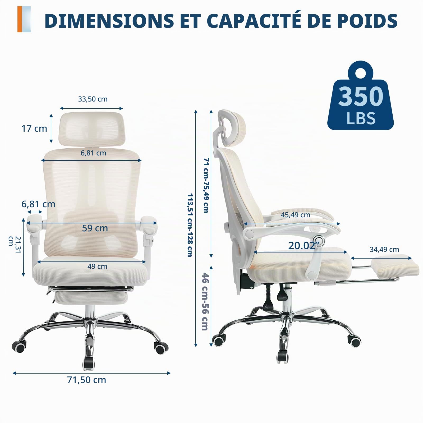 Chaise De Bureau Ergonomique, Chaise en Maille Haute Respirante avec Appui-Tête, Support Lombaire Réglable à 90°-135°, Repose-Pieds Rétractable Et Pivotant à 360° pour La Maison Et Bureau