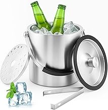 Druuzyl 1.6 L Stainless Steel Ice Trays, Double Wall Insulated Stainless Steel Ice Bucket, Ice Bucket with Lid, Tongs and Strainer for Bar, Birthday, Picnic Parties