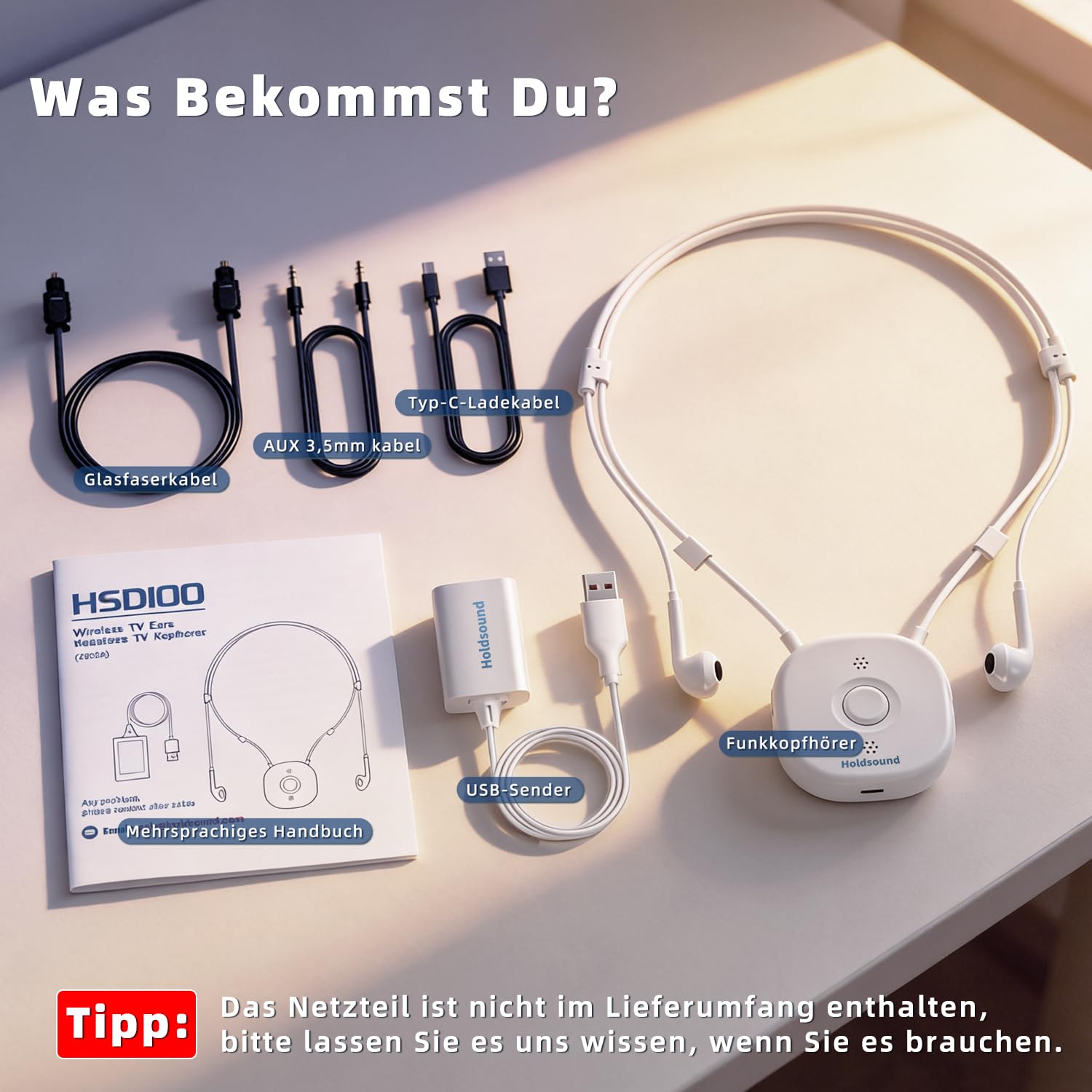 Holdsound HSD100 TV Kopfhörer Kabellos, Funkkopfhörer Kabellos für TV mit USB-Sender, Nackenbügel-Design, Plug-and-Play, Hohe Tonklarheit, 30 m Reichweite, 15 Stunden