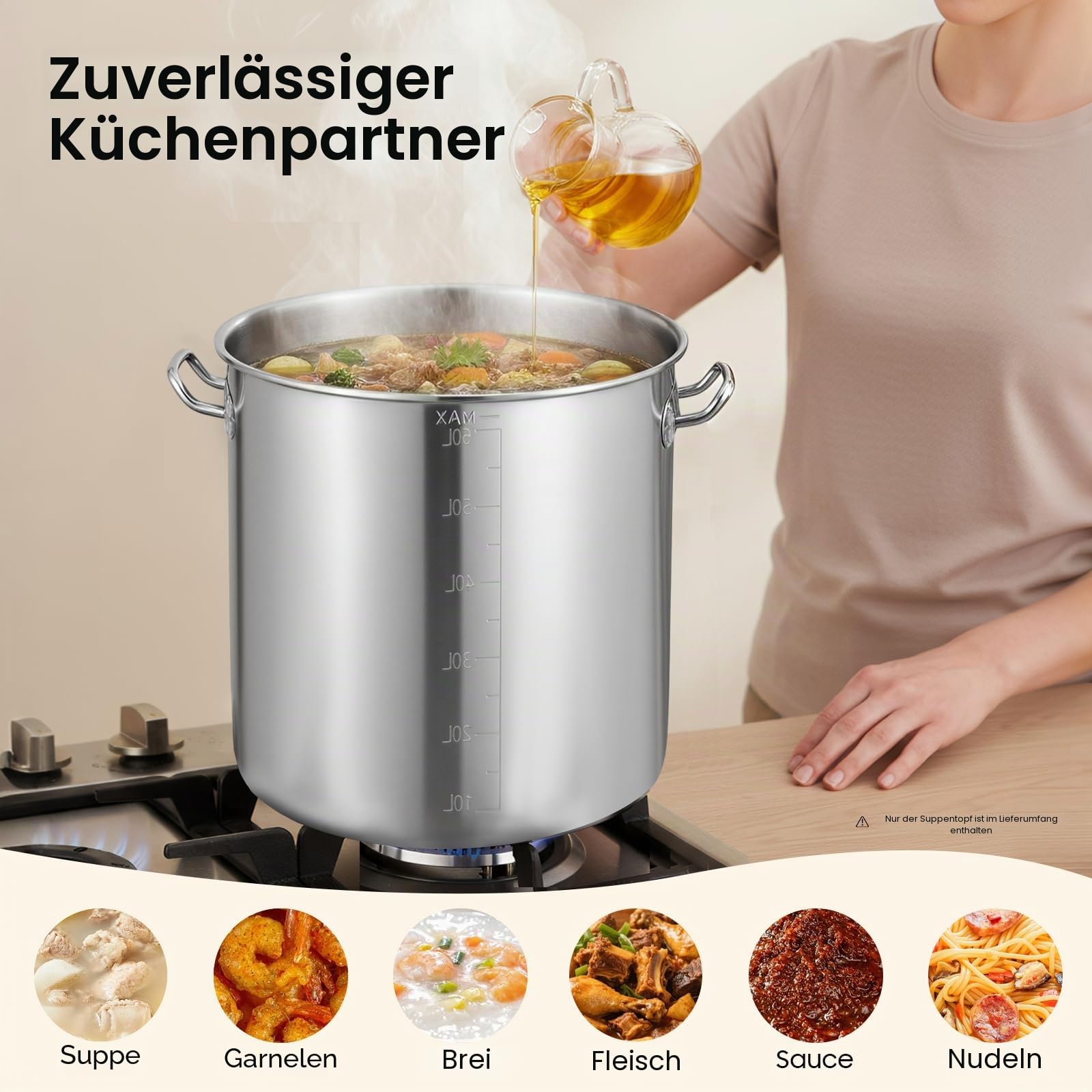Edelstahl Suppentopf 70L Ø45cm, Großvolumiger Kochtopf aus 201 Edelstahl mit Versenkdeckel & Griffen, Für Induktion Gasherd, Gastro Buffet Feiern, Poliert
