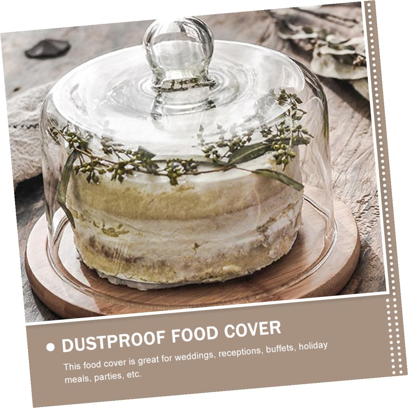 Luxshiny Glass Cake Cover with Wooden Tray Large Food Protecting Dome Dessert Display for Home Kitchen Serving and Food Preservation
