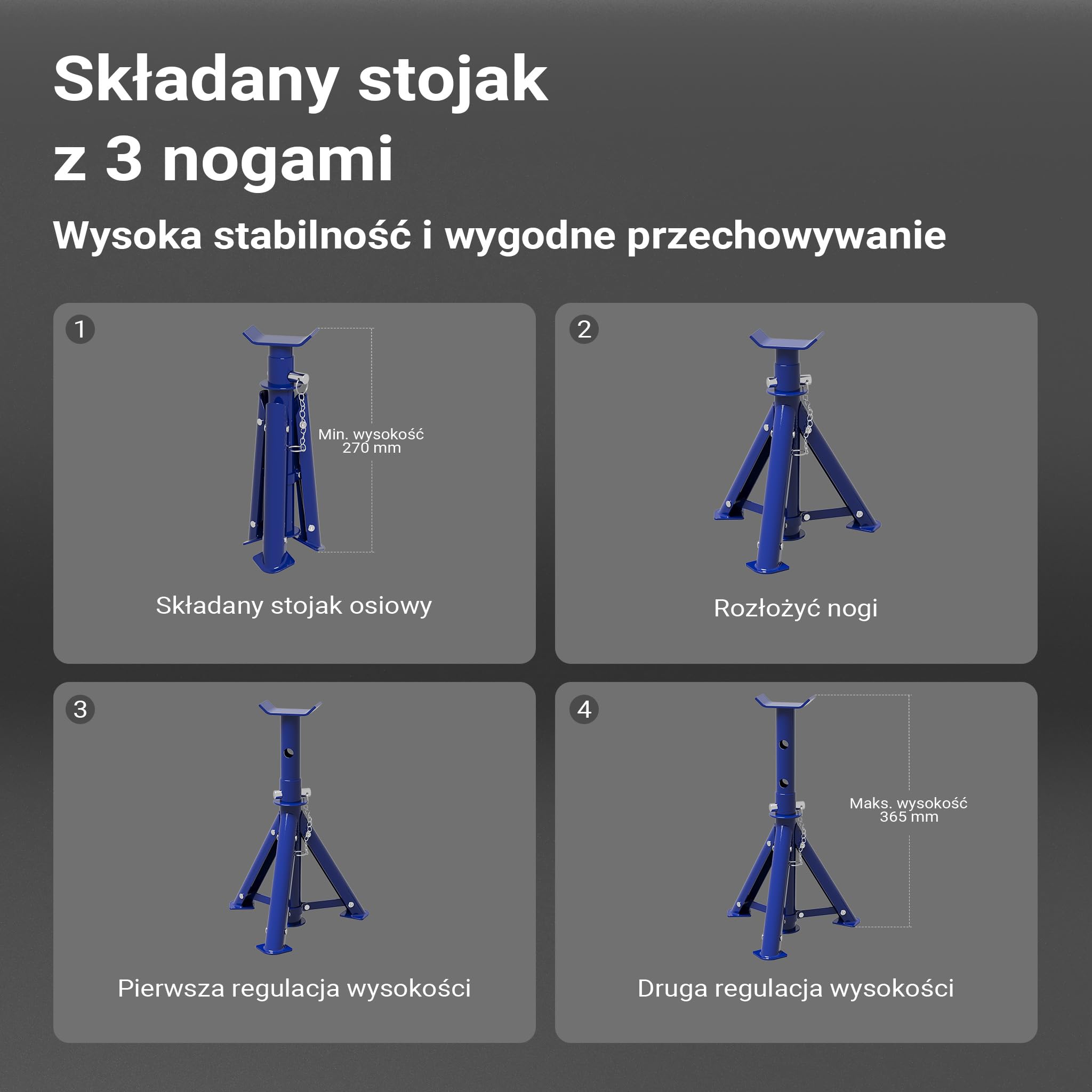 Wiltec zestaw podnośnik + 2 podpory, udźwig do 2 t, wysokość podnoszenia podnośnika 135-335 mm, wysokość robocza podpór 270-365 mm, podpory składane