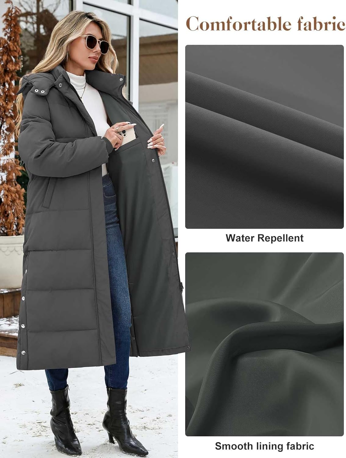 Women Long Puffer Coat Maxi Thickened Quilted Padded Jacket Winter Warm Zip Parka Removable Hood Buttoned Slit Hem - Image 5