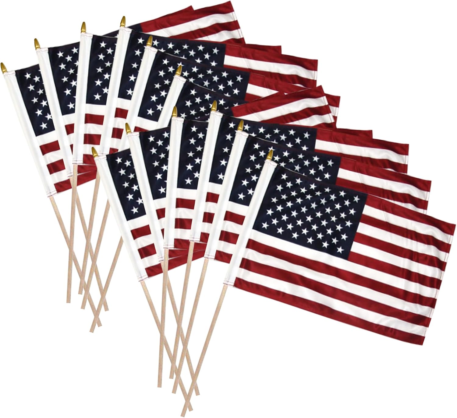 Super Tough American Flag | 1x1.5 FT Outdoor USA Flag | 30" Durable Wooden Stick with Spear Tip | 12x18 inch Heavy Duty Durable Polyester | Double Sided | US Stick Flag | All-Weather Flag | 12 Pack