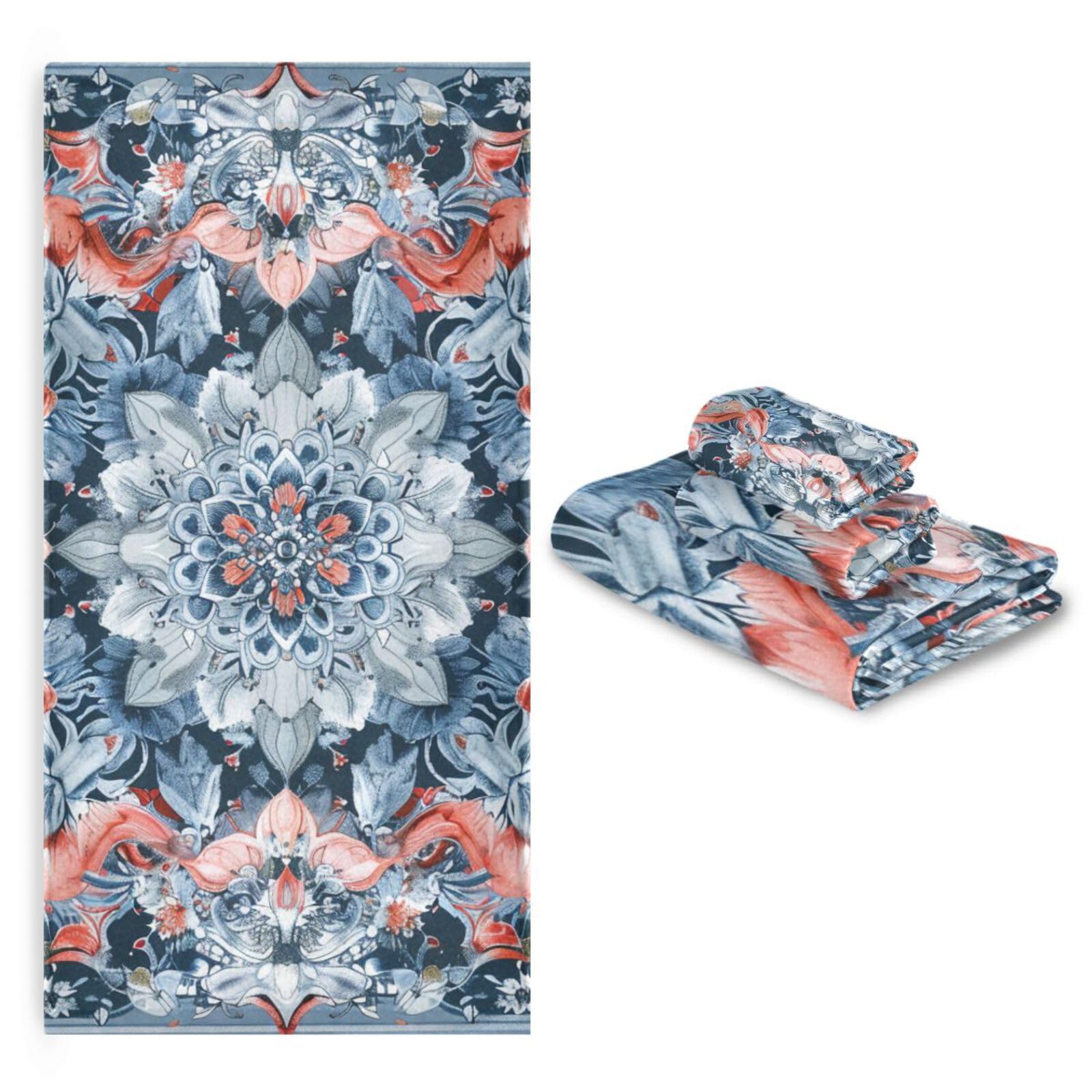 Set di 3 asciugamani decorativi per il viso in stile bohémien, motivo floreale, blu, 1 asciugamano da bagno, 1 asciugamano, 1 panno per la casa, cucina e famiglia