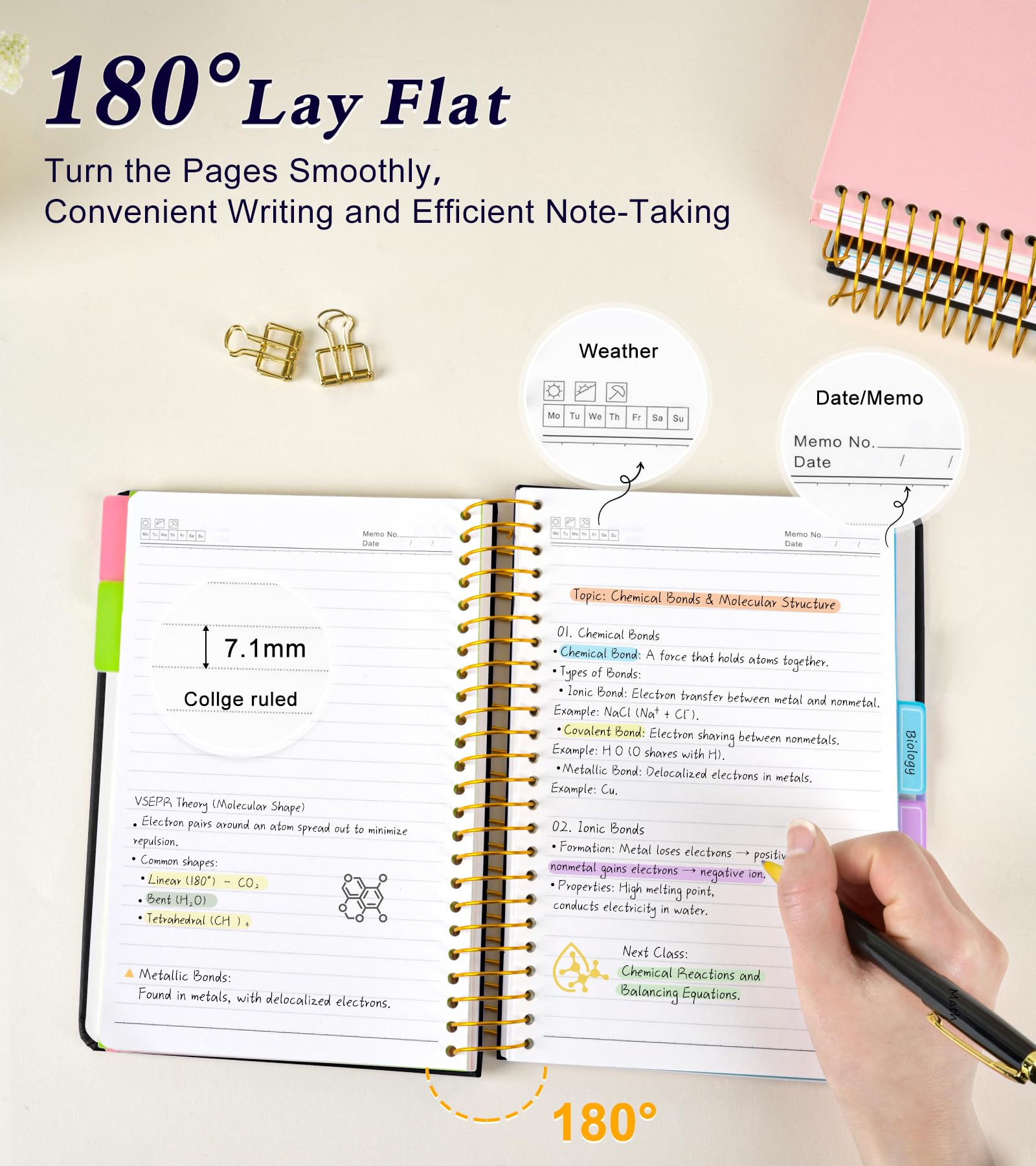 Cuaderno de 5 asignaturas a rayas con pestañas divisoras de bolsillo extraíbles, cuaderno en espiral de 240 páginas de 8.5 x 11 pulgadas, cuaderno rayado para mujeres, cuadernos de tapa dura para el