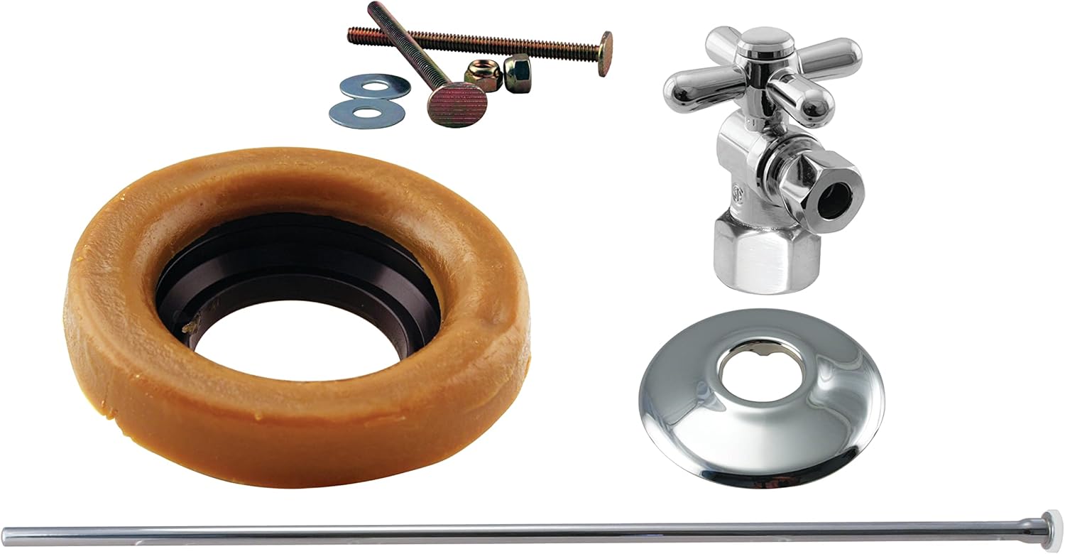 Westbrass D1615TBX-07 Toilet Installation Kit with with Wax Ring Gasket, Closet Bolts, 1/4-Turn 1/2" IPS Cross Handle Angle Stop, Supply Line Riser and Flange, Satin Nickel