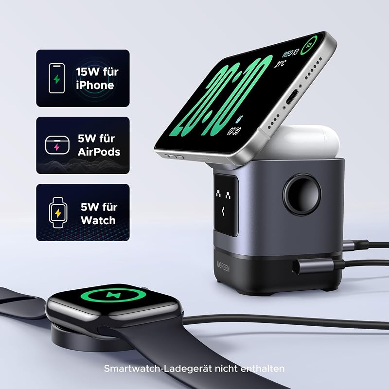 UGREEN UNO Qi2 2-in-1 Töltőállomás, 15W MagSafe Kompatibilis Vezeték Nélküli Töltő iPhone 17/16/15/14/13 és AirPods Készülékekhez, Állítható