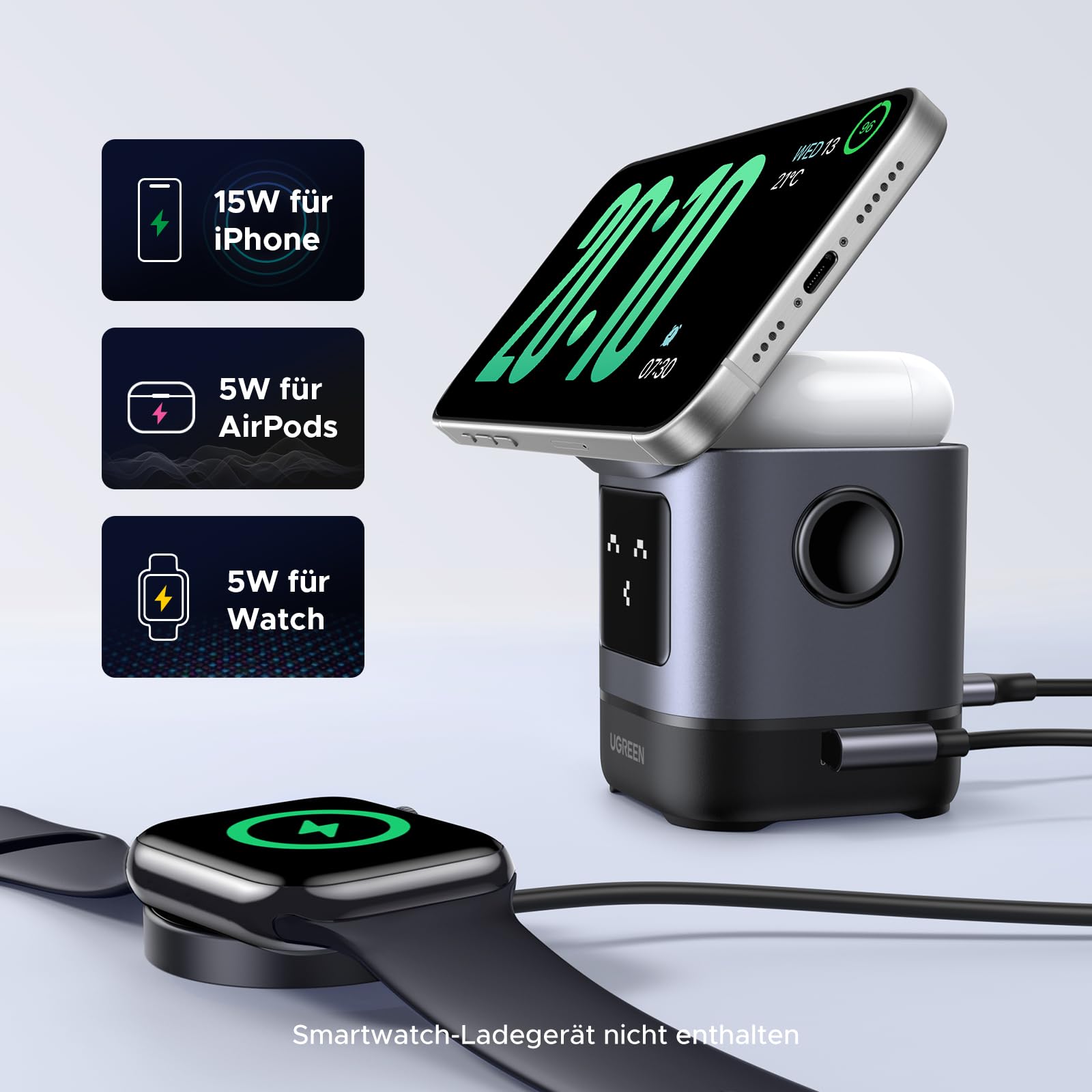 UGREEN UNO 2 in 1 Qi2 zertifizierte Ladestation, 15W iPhone Ladestation kompatibel mit MagSafe, magnetisches Wireless Charger für iPhone 17/16/15/14/13, AirPods 2/3, Winkel-Einstellbarer Ladeständer