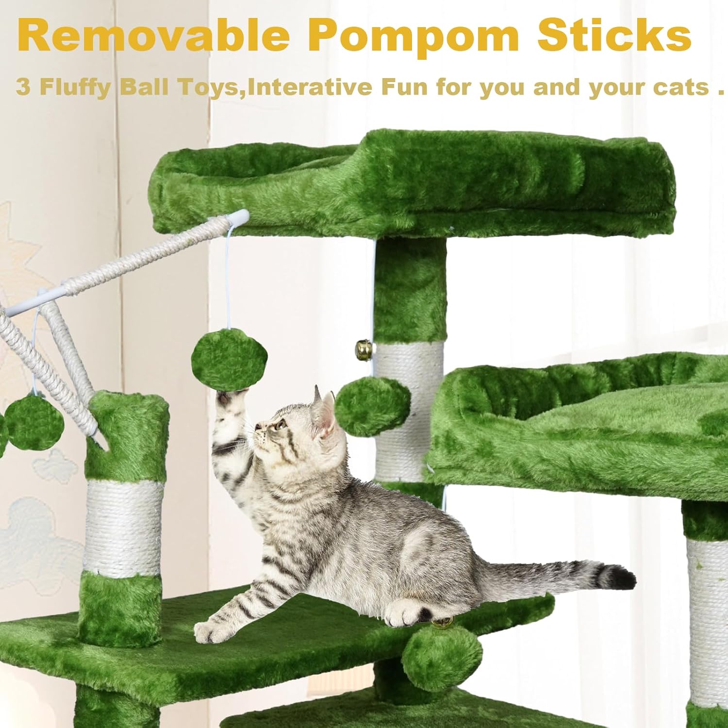 review Cat Tree Tower for Indoor Cats,64 inches Large Multi-Level Cat Activity Center with Condos,Scratching Posts,Removable Fur Ball Sticks(Green002)