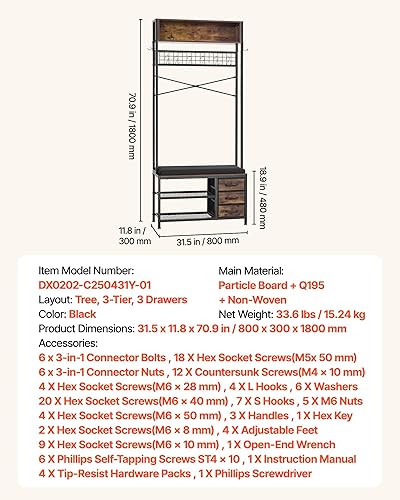 Miniatura 7 de VEVOR Árbol de pasillo con banco y almacenamiento de zapatos, banco de entrada con perchero, 3 cajones, 3 cubos de almacenamiento, 7 ganchos con