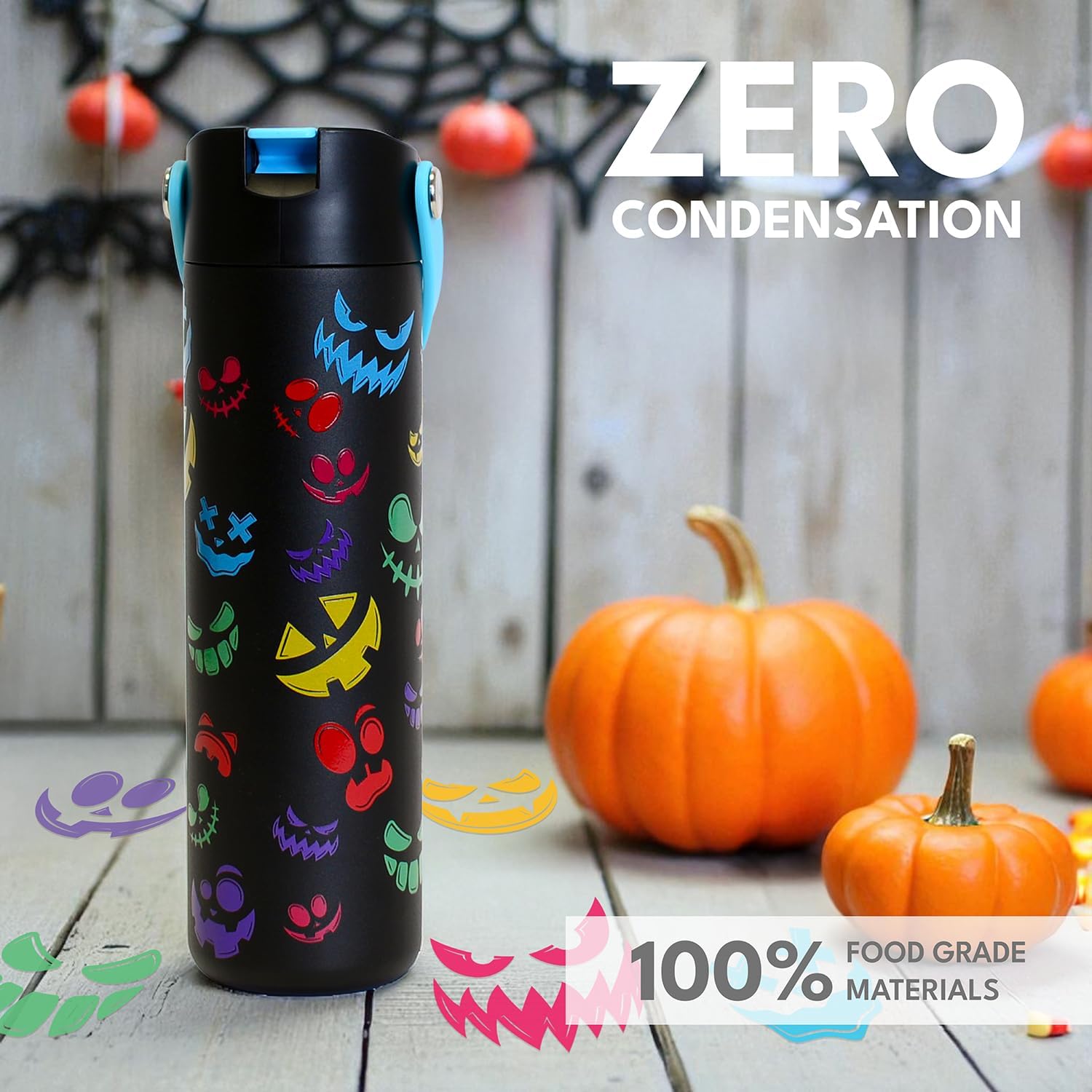 Elemental 24oz Insulated Water Bottle with Straw - 100% Leak-Proof Stainless Steel Core Water Bottles for Travel, Sports and Gym - Double Wall Insulation & BPA Free - Pumpkin Grins