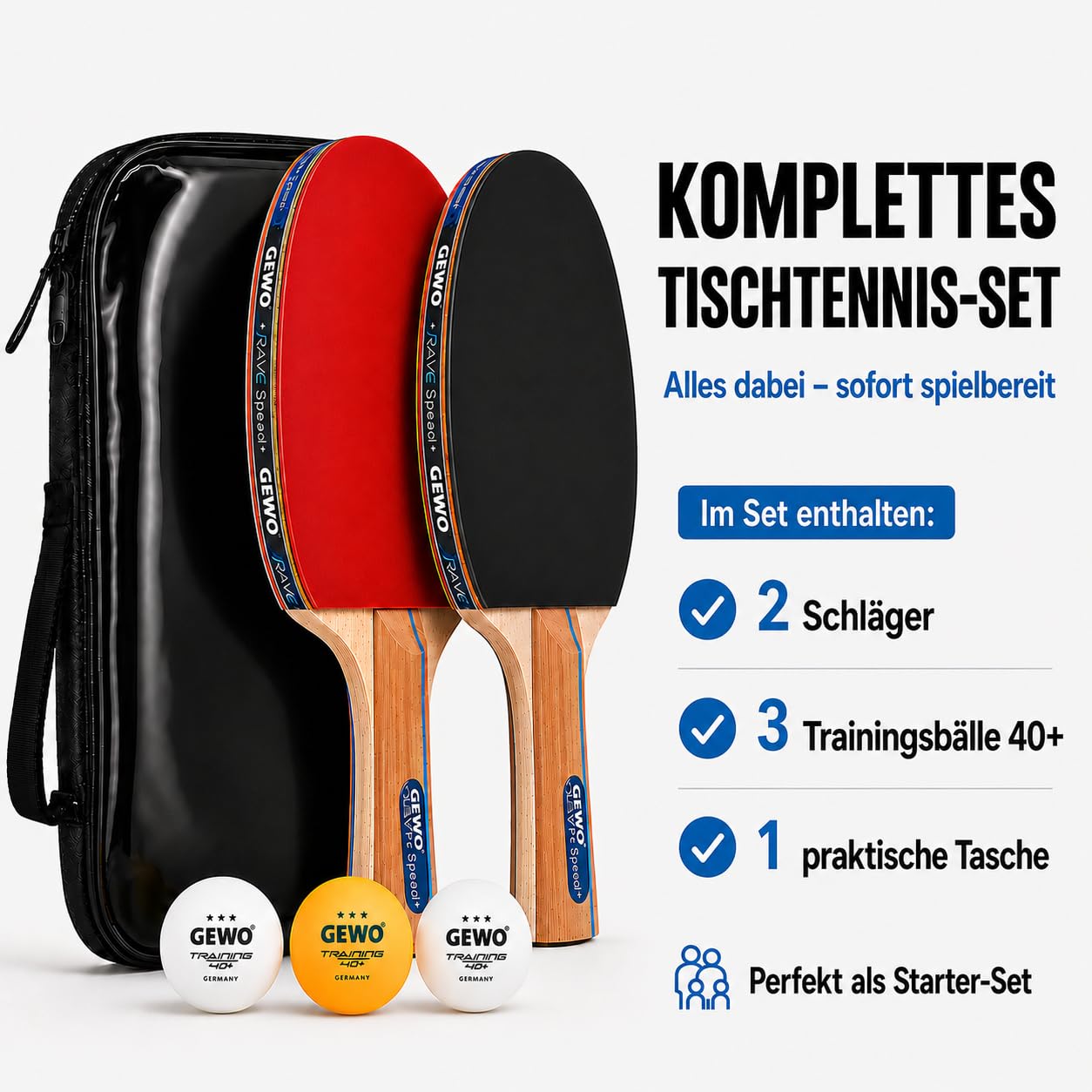 GEWO Rave Speed Tischtennisschläger Set - Kontrollierter Anfänger-Tischtennisschläger mit 3 Bällen - Komplettschläger mit ITTF-Belag, hohe Kontrolle und Geschwindigkeit, konkav, 2mm Dicker Schwamm
