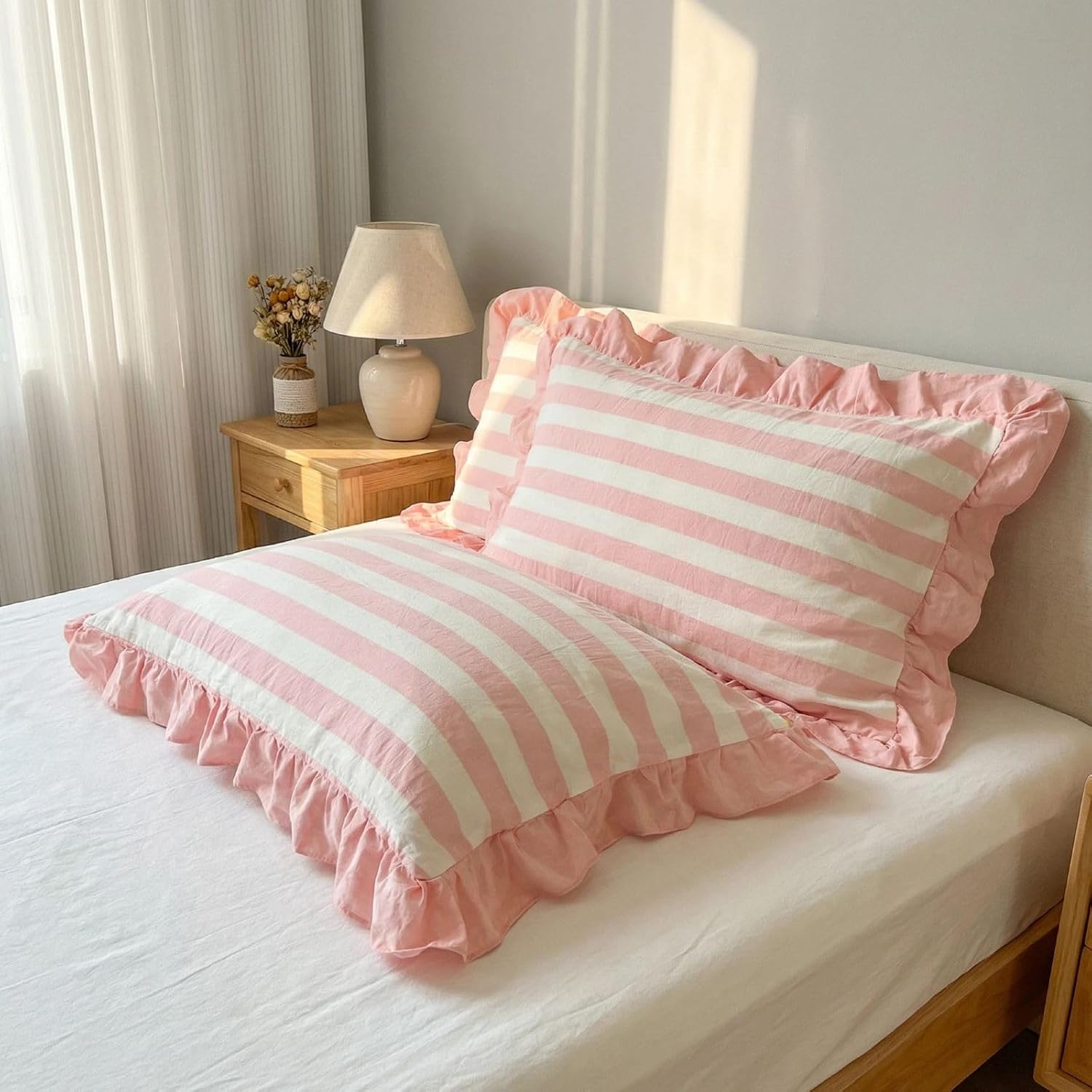 Pillow Cases Standard Size 100% Cotton 2 Pcs Ruffle Striped Pillow Shams for Farmhouse Chic Bedding Decration (Pink)