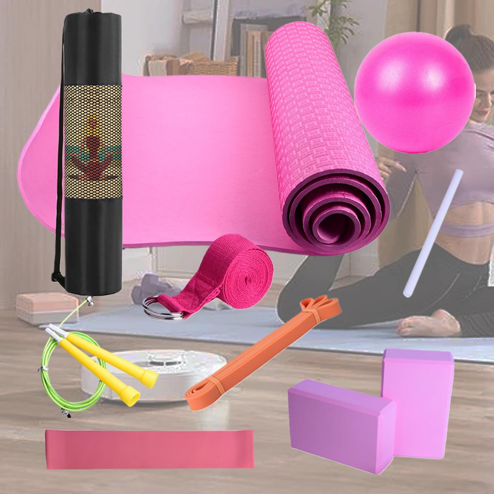 Yoga-Kit – Übungsmatte mit Yoga-Blöcken | Kit | Professionelle Ausrüstung mit Gurt für Zuhause und Fitnessstudio | rutschfeste Matte und Zubehör | Tragbares Reise-Ki