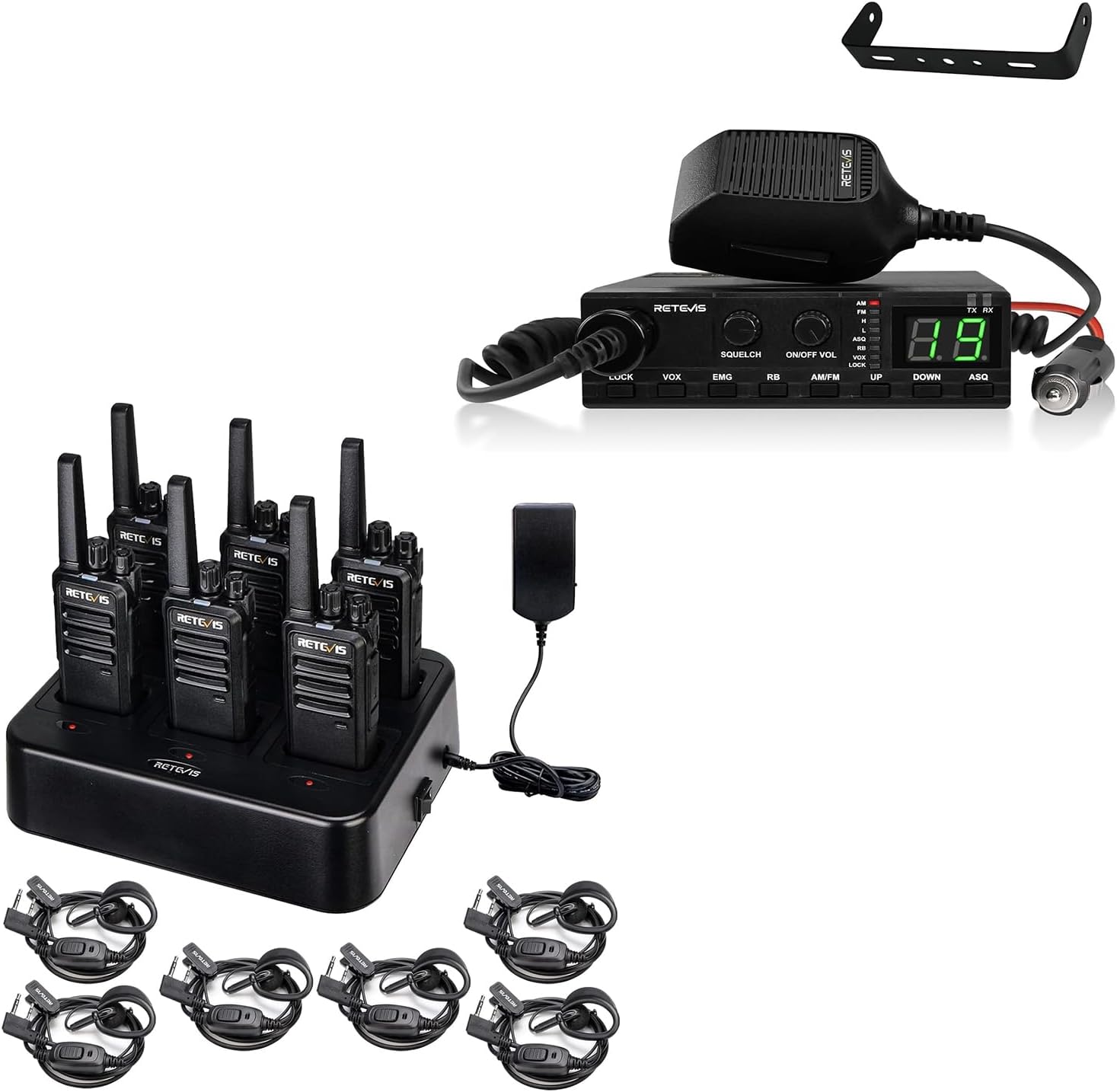 Retevis RT68 FRS Walkie Talkies Long Range with Earpiece(6 Pack), 6 Way Multi Unit Charger(1 Pack), Retevis MB2 Portable CB Radio(1 Pack), Long Range Two Way Radio for Job Site Warehouse Forklift