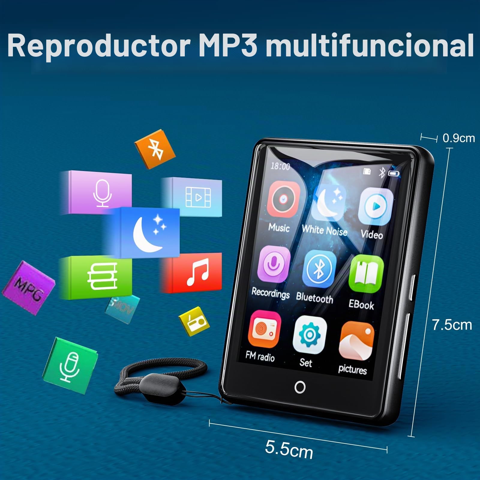 Reproductor de MP3 de 64 GB Bluetooth 5.3, pantalla táctil de 2,8 pulgadas, carcasa de zinc, sonido Hi-Fi y altavoz, 48 horas de duración de la batería, ruido blanco (18 sonidos), incluye auriculares