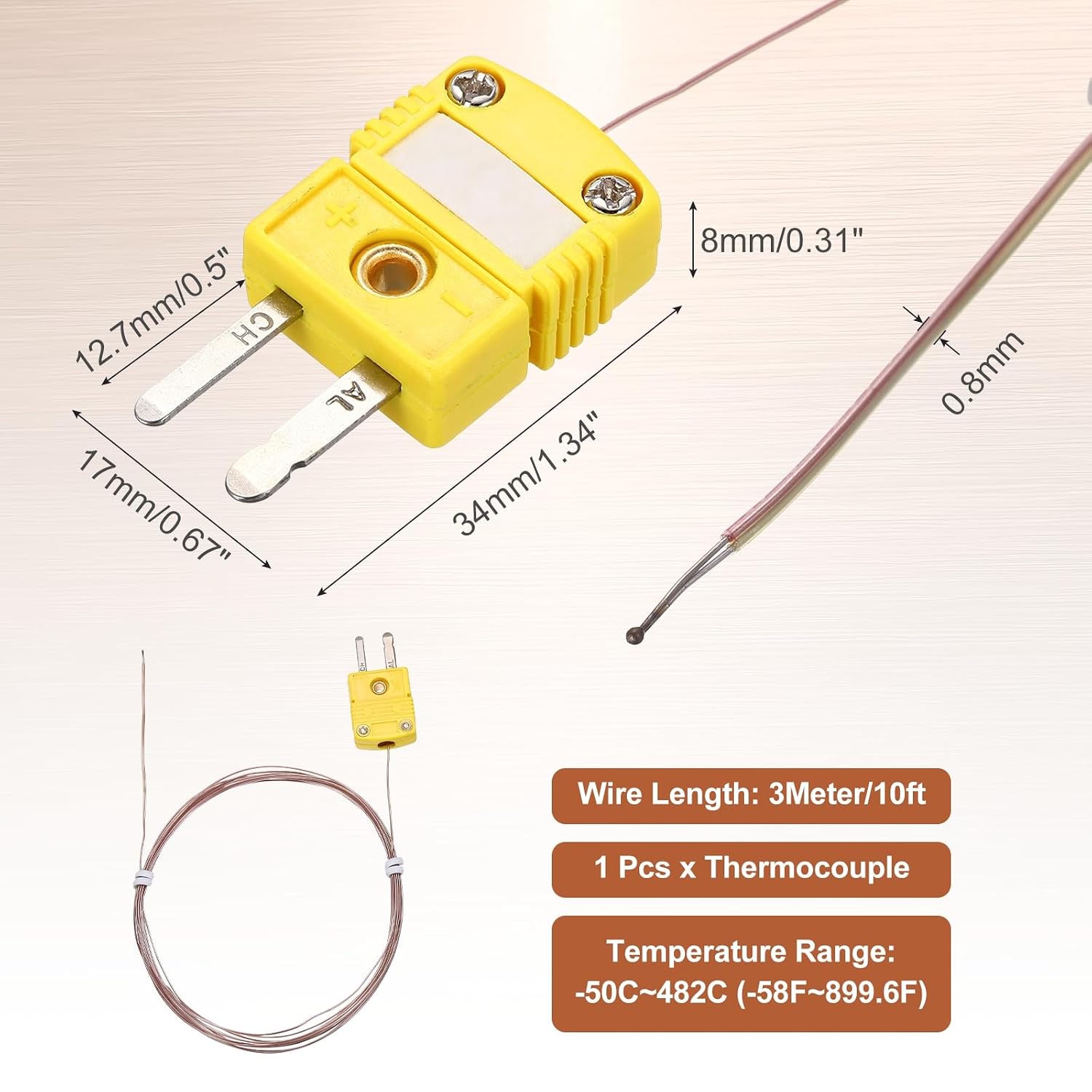 MECCANIXITY K Type Thermocouple Mini Connector Temperature Probe Sensor, 10ft Measure Range -50C-482C for Thermometer, 0.8mm OD Wire