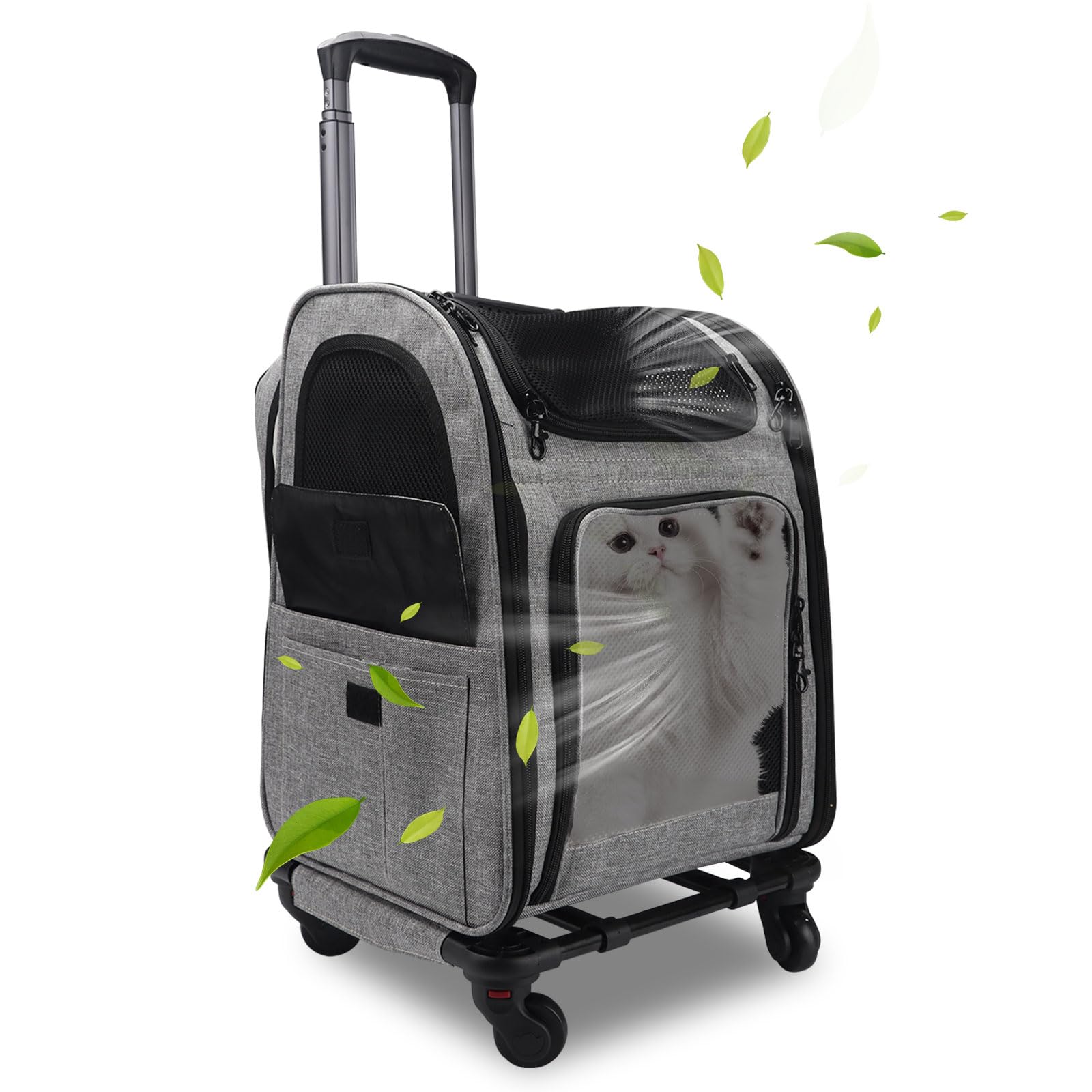 Transportin Gato con Ruedas y Varilla Telescópica, Transportador de Viaje Carga para Mascotas Máxima 15 KG Mochila Transportadora para Perros con Diseño Ventilado para Gatos y Cachorros