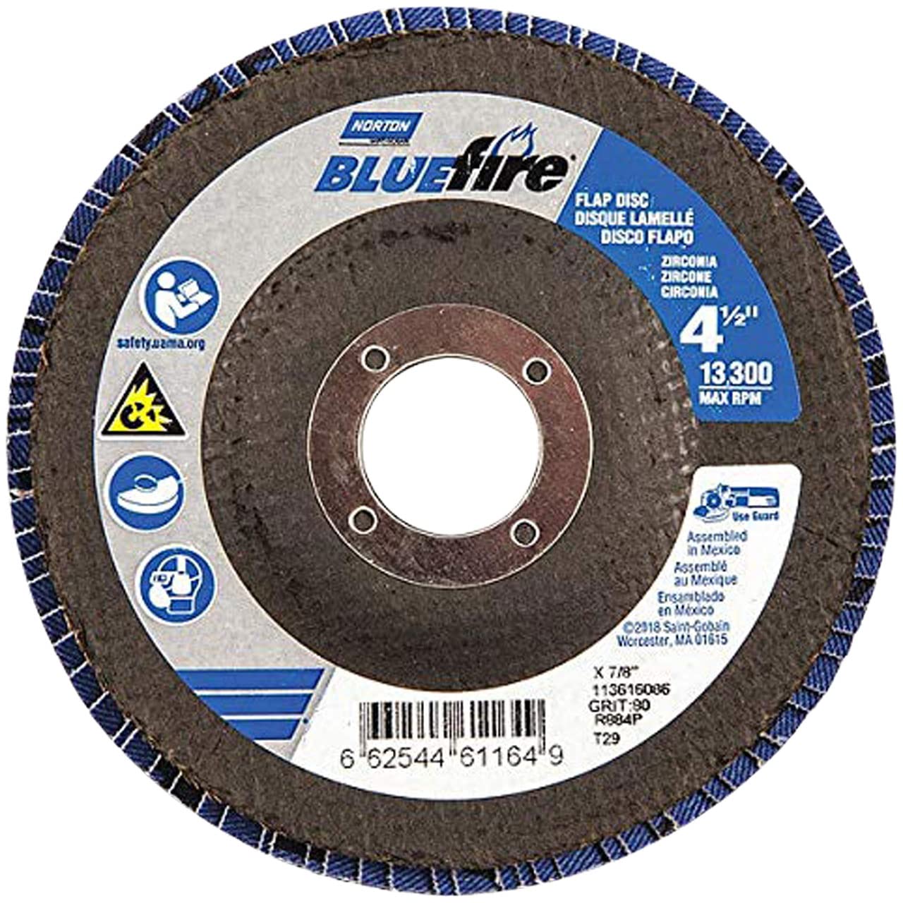 Norton 66254461164 4-1/2x7/8” BlueFire R884P Zirconia Alumina Plus Type 29 Flap Discs, 80 Grit, Coarse, 10 Pack
