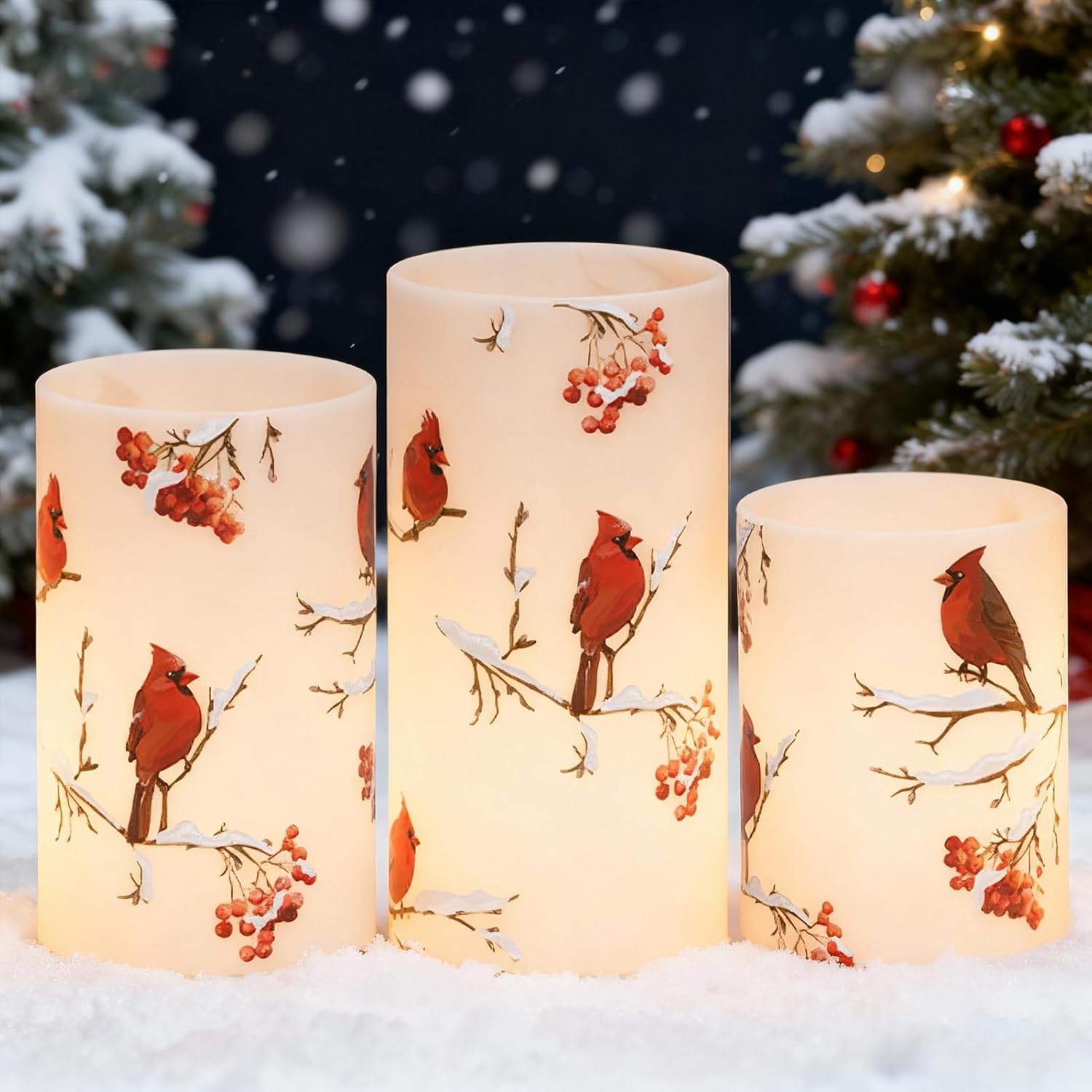 Cardinal Theme Christmas Flameless Candles with 6H Timer, Real Wax LED Pillar Candles Flickering, Battery Operated Waxy Candles for Home Fireplace Décor Christmas Gifts, 3x4/5/6 inches