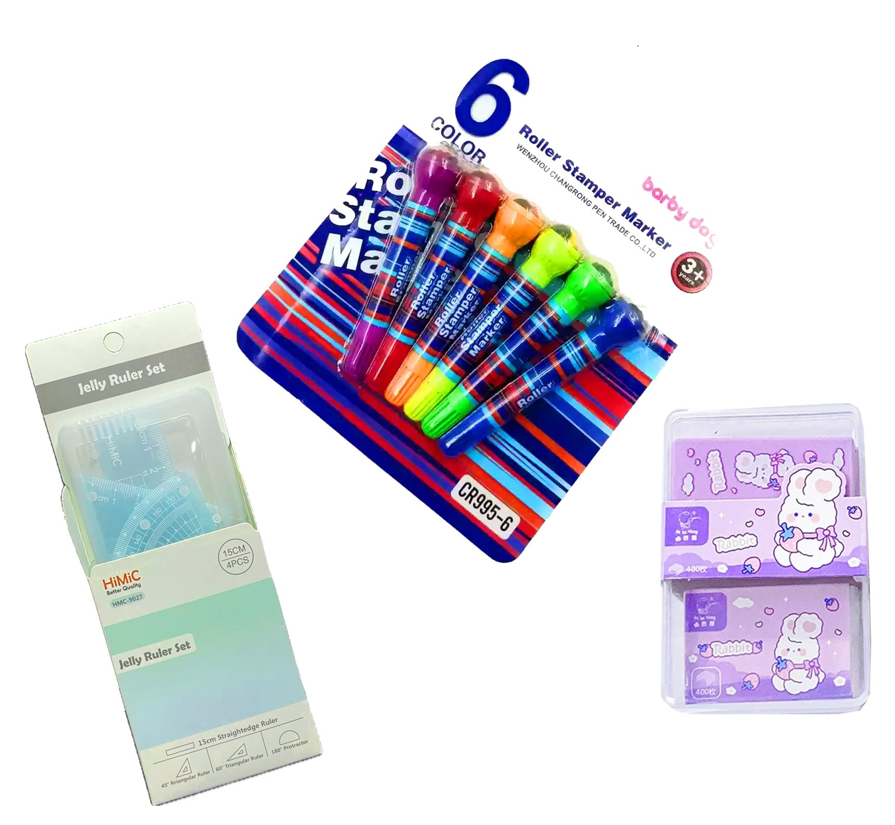 Tech-Lobby Combo Of 3 || Roller Highlighter Pen || Jelly Ruler Set || Rabbit Erazer For Kids And Return Gifts.