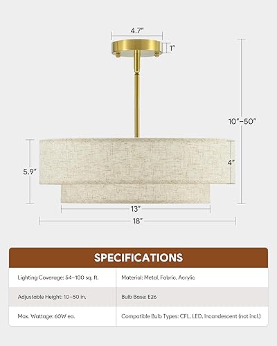 Miniatura 6 de VONLUCE Candelabros modernos, candelabros de tambor de 18 pulgadas con pantalla de tela de 2 capas, lámpara colgante de 4 luces con bases E26,
