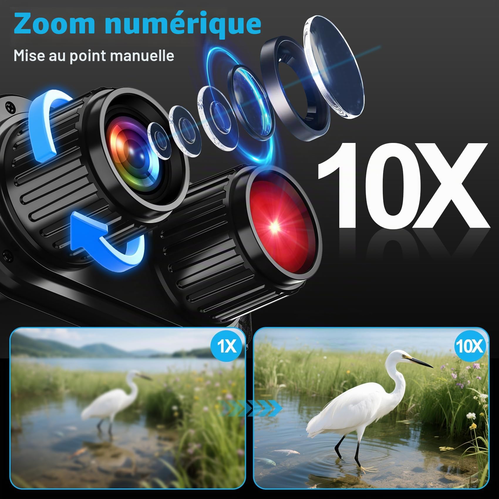Jumelles Vision Nocturne, 10X Zoom Numérique Infrarouge Vision Nocturne, écran IPS HD de 2.8'', 7 Niveaux IR, Portée Visuelle 800 M, Carte TF 32 Go, Le Camping et l'observation de la Faune sauvag