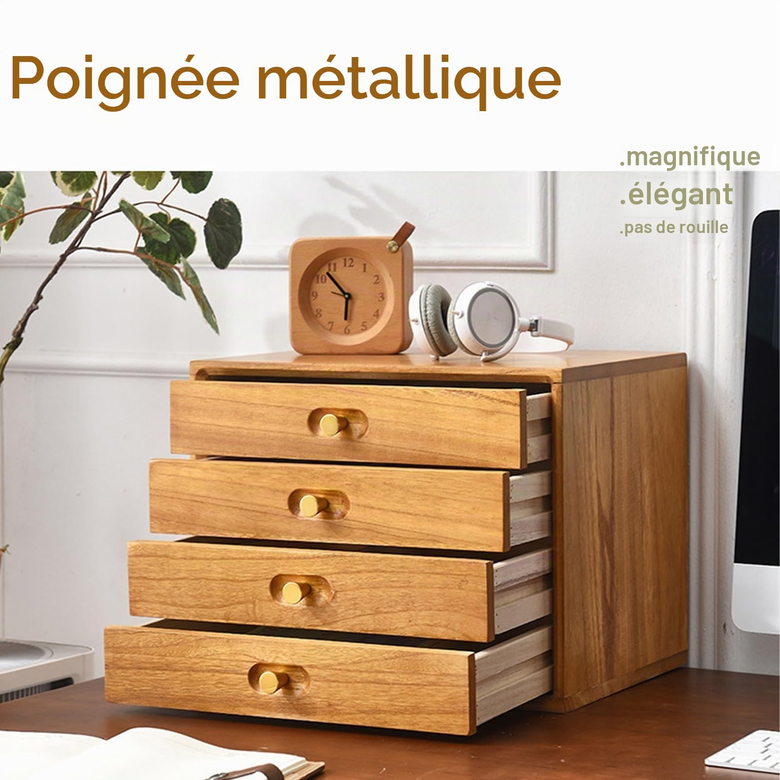 LOCHE Bloc Tiroir Bois, 4 Tiroirs, Grande Capacité, Caissons de Rangement Bureau, Tour de Rangement, Pour Bureau et École, Jaune