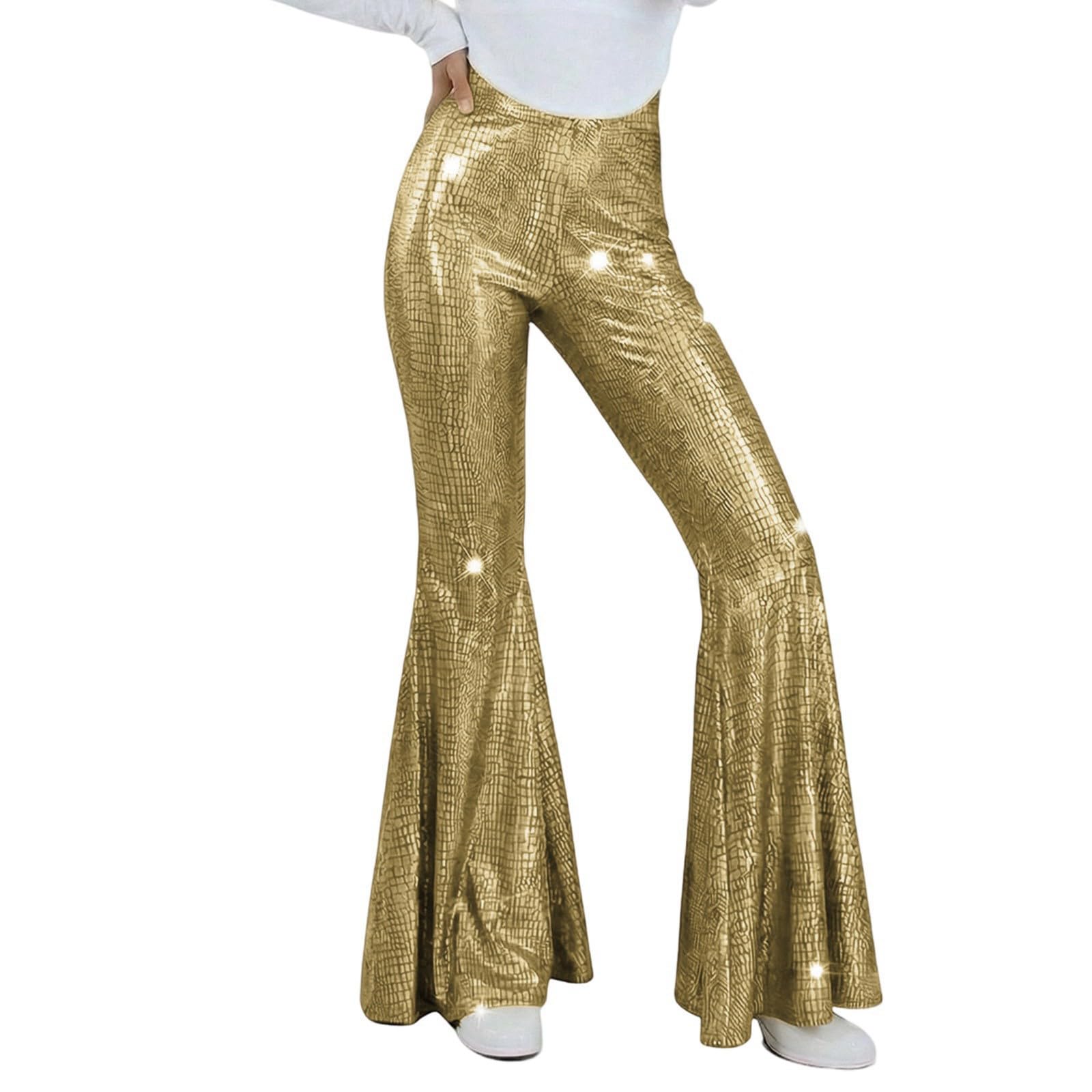 Women's Shiny Flare Pants, 80's High Waist Metallic Flared Trousers for Disco, Wide Length Leggings for Dancewear Nightclub, Full Length for Party Carnival S-2XL