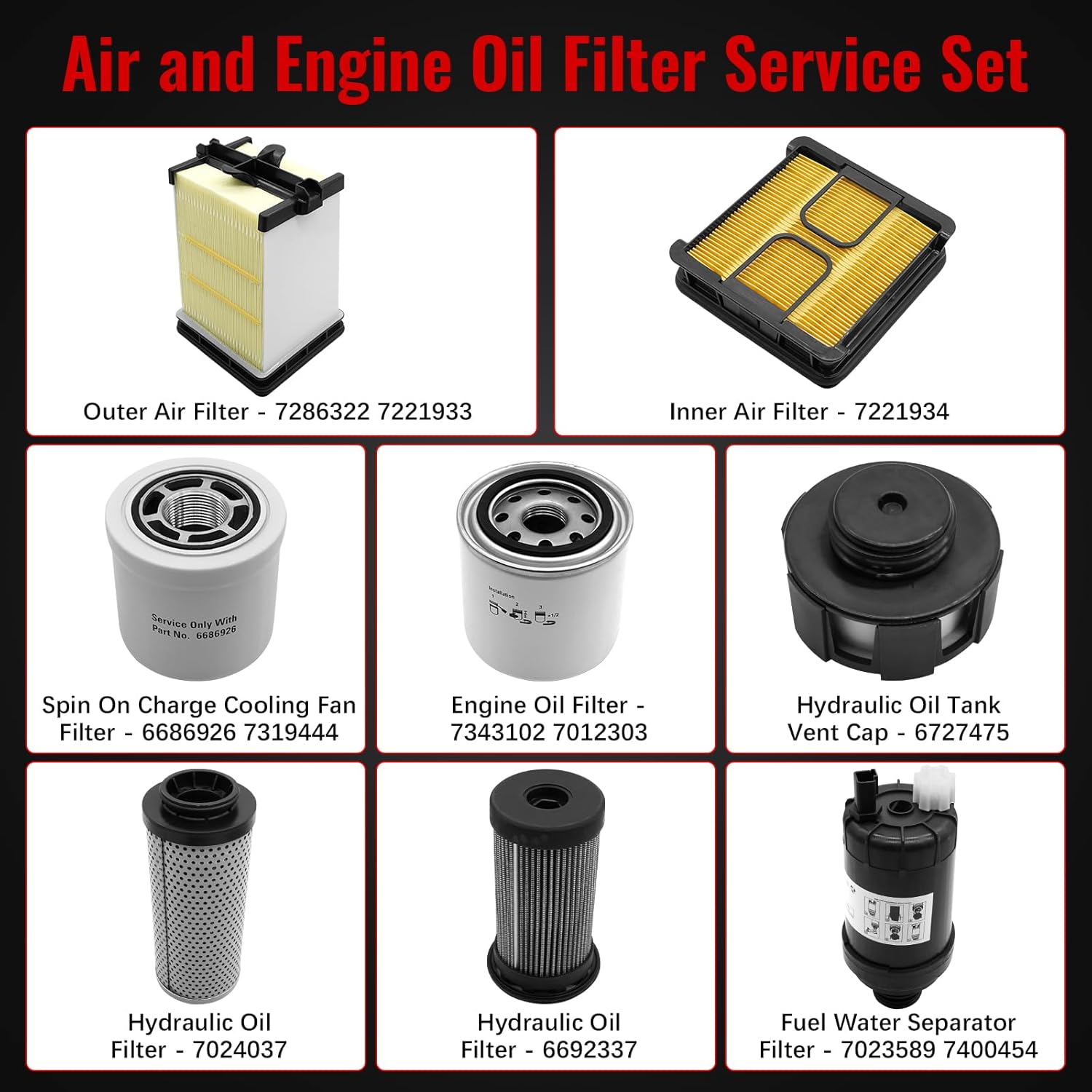 7286322 7343102 Engine Oil Filter and Air Filter Service Kit Fit for Bobcat S450 S510 S530 S550 S570 S590 S595 S630 S650 T450 T550 T590 T595 T630 T650, Replace 7221933 7012303 6686926 7221934