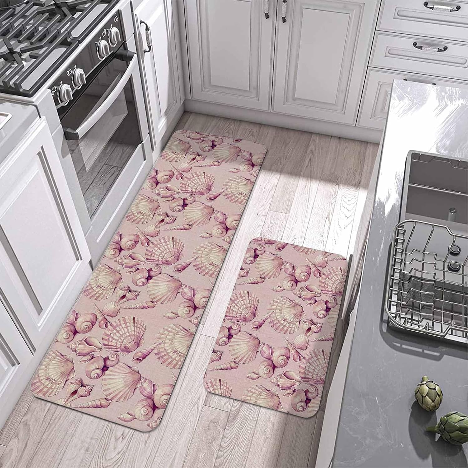 Prime Leader Pink Seashells Kitchen Mat Set 2 Pieces Summer Coastal Coral Dreamy Marine Life Non Slip Kitchen Rugs Washable Runner Rug Mats for Floor Sink Laundry Office 19.7" x 31.5"+19.7" x 63"