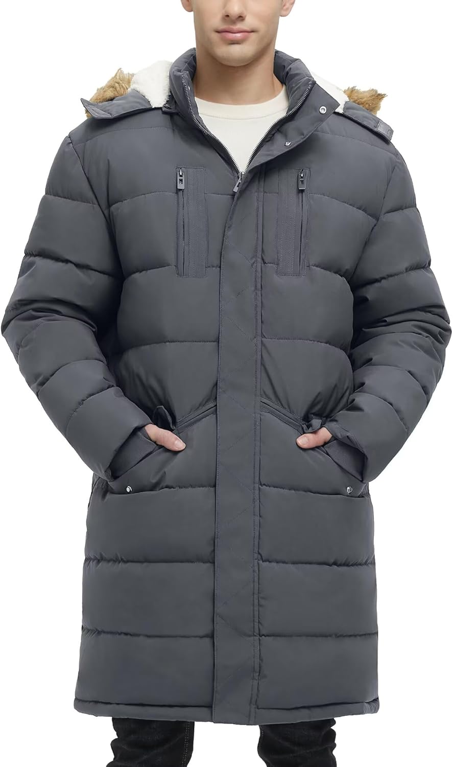 Rejork Men's Extra Long Fleece Puffer Jacket Outerwear Winter Coats Hooded Parka Warm Water-resistant Cold Weather