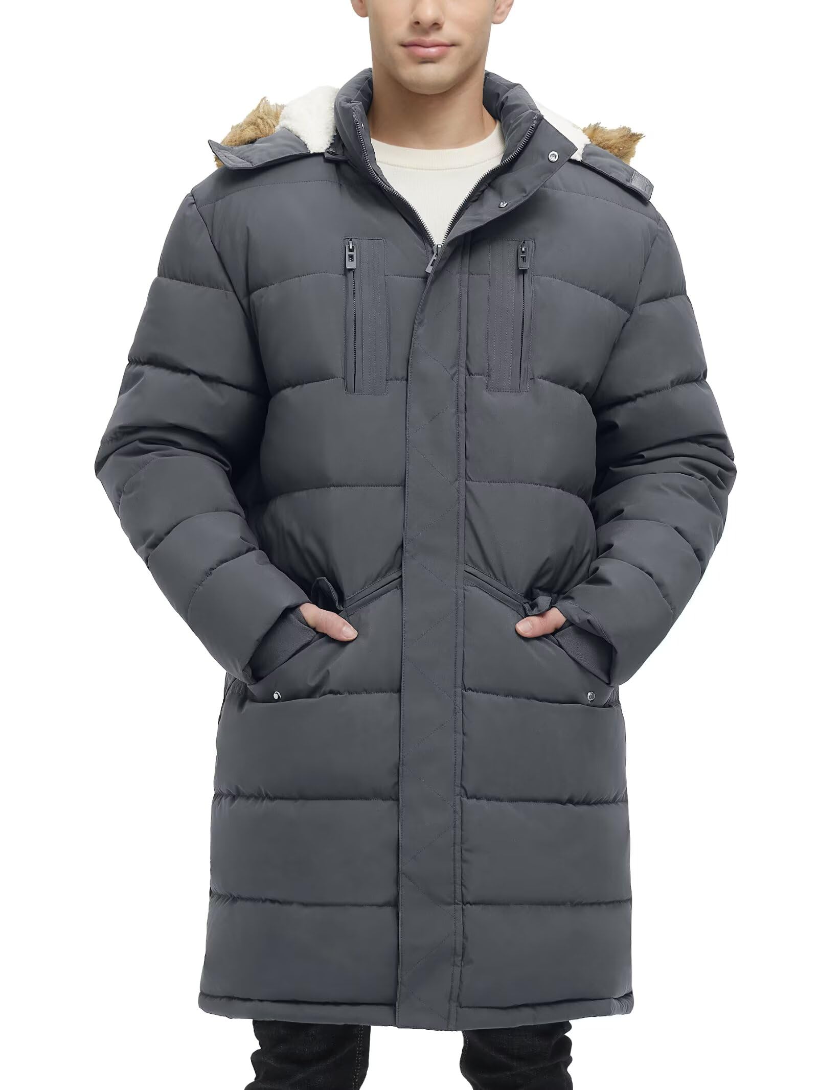 Mens Extra Long Fleece Puffer Jacket Outerwear Winter Coats Hooded Parka Warm Water-resistant Cold Weather