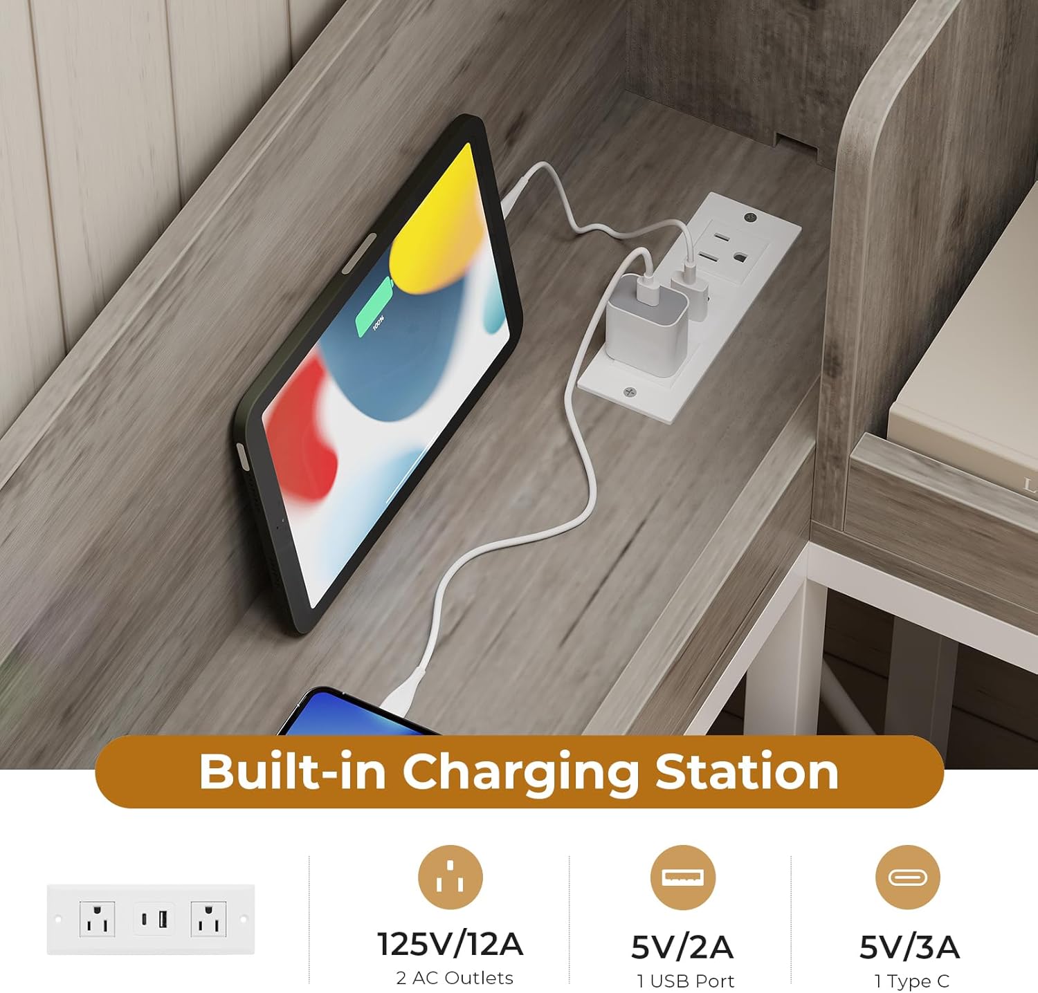 MSmask 14 Inch Corner Bed Frame with Bookcase Storage, Twin XL Daybed with 6 Drawers, Charging Station and LED Light, Twin XL Size Metal Platform Bed Frame for Kids Teenagers, White & Oak Grey