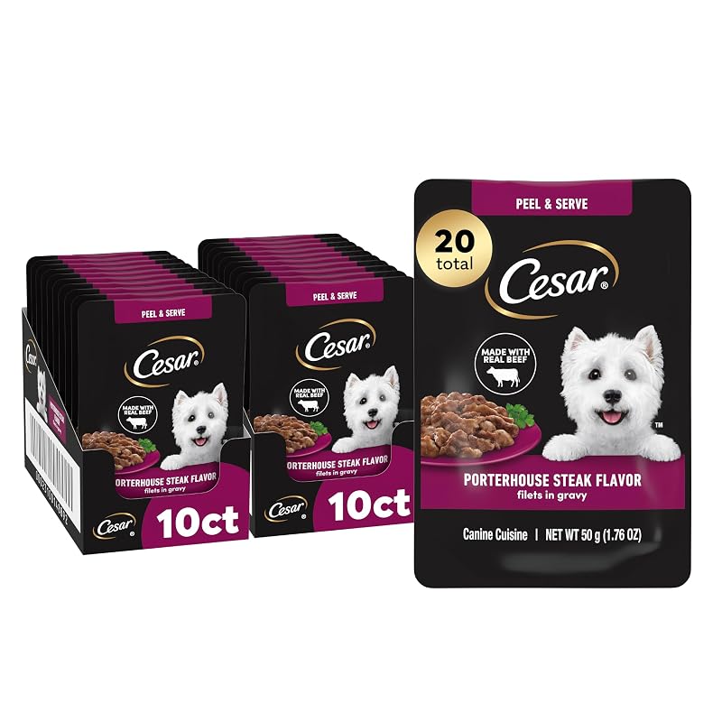 Ração úmida para cães adultos Cesar com carne bovina e molho sabor Porterhouse Steak, 20 sachês de 49 g