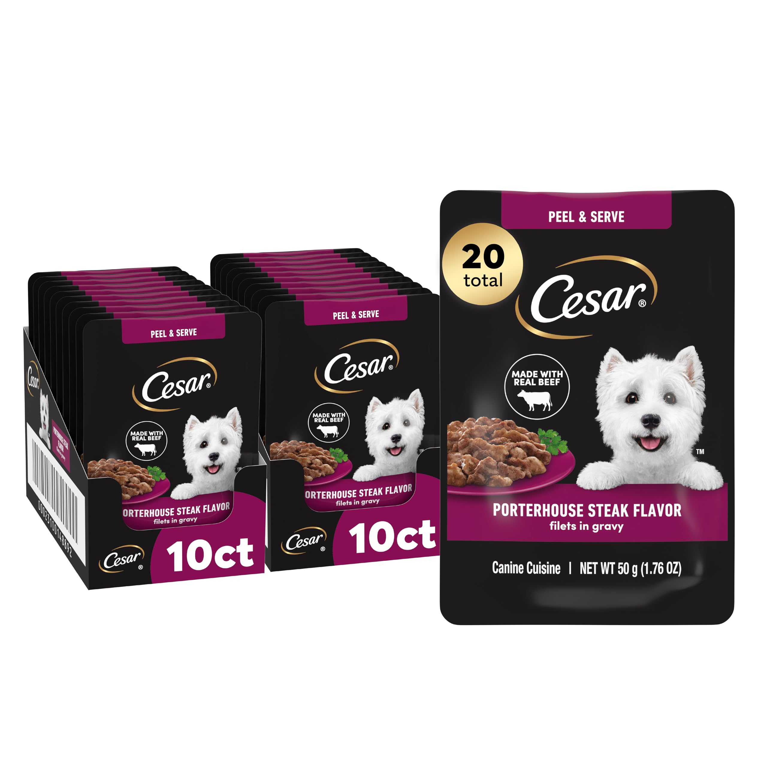 Cesar Mini-Pouch Wet Dog Food, Porterhouse Steak Flavor, 1.76 oz, 20 Count