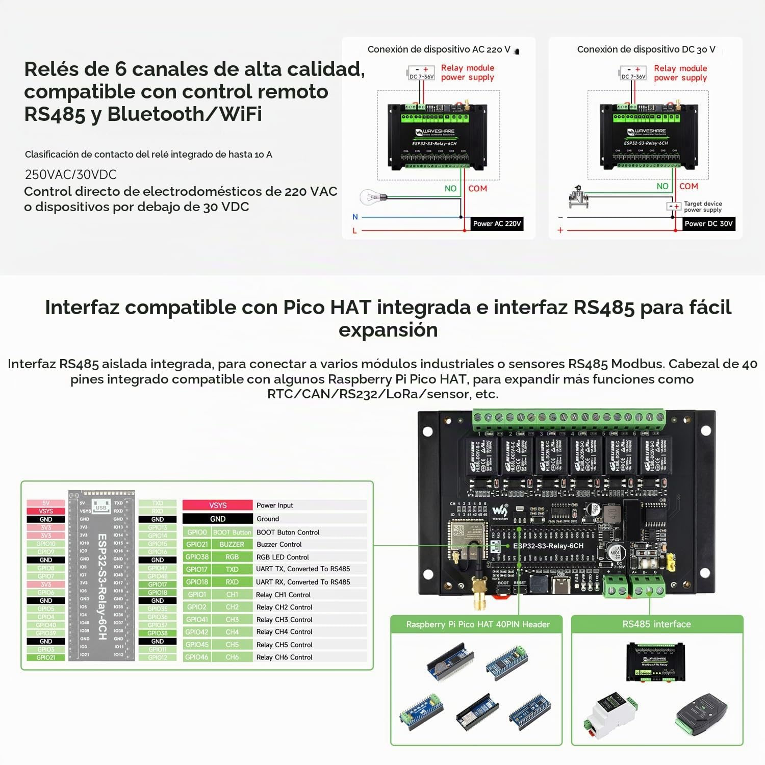 Waveshare Industrial 6-Channel ESP32-S3 WiFi Relay Module, Onboard RS485 / Pico HAT Interfaces, With Multiple Isolation Protection Circuits, Industrial-Grade, Rail-Mount Case