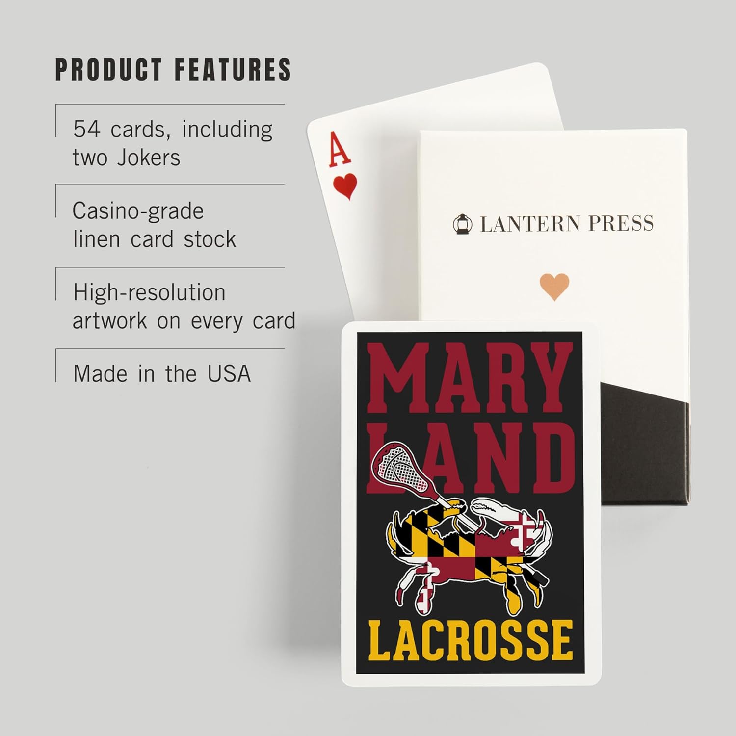 Lantern Press Maryland, Crab Shaped Flag, Lacrosse Stick, 52 Playing Cards for Adults, Poker Size Card Deck
