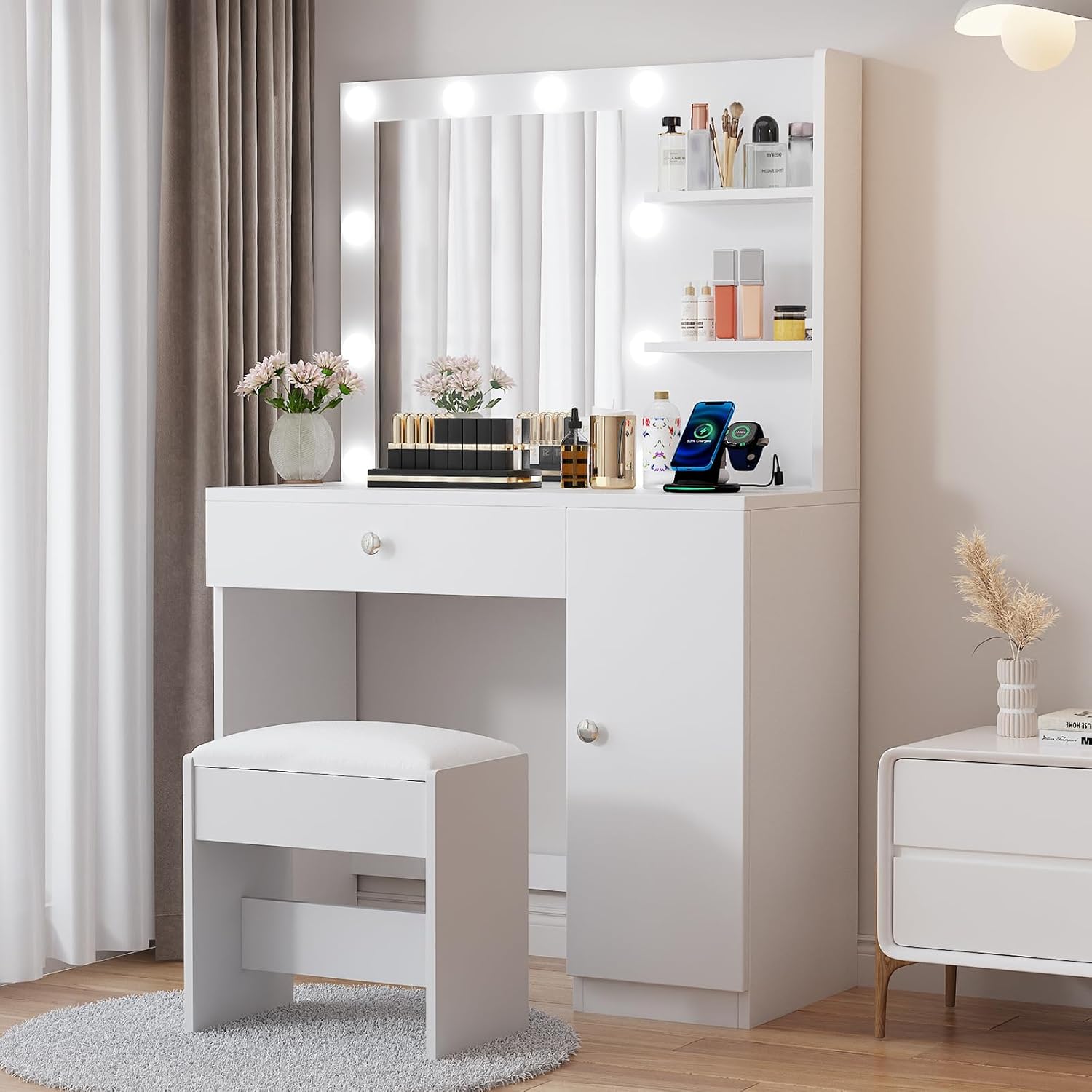 walsport Makeup Vanity Desk Set with Mirror and Lights Stool Compact Dressing Table Storage Space Drawers Shelves 3 Lighting Modes for Bedroom or Dorm Room White