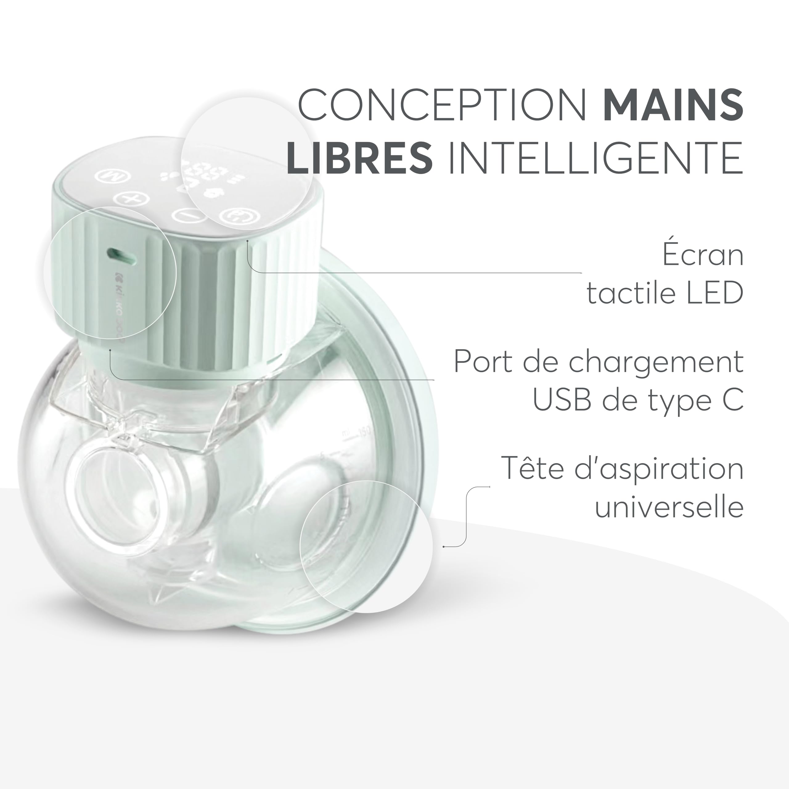 KikkaBoo Tire Lait Électrique Main Libre NOA, Tire Lait Portable Avec 3 Modes Et 9 Niveaux, Affichage LED, Fonction Mémoire, Sans BPA, Facile À Nettoyer, Menthe