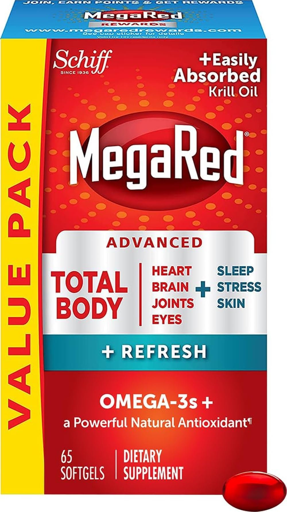 MegaRed Omega-3 Blend Total Body + Refresh 500mg Softgels, (65 Count in a Bottle), Easily Absorbed Krill Oil, to Support Your Heart, Joints, Brain & Eyes | Fish Oil + Krill Oil Softgels, EPA & DHA, Heart, Brain, Joint & Eye Support, Restful sleep, Stress, Skin, Antioxidant,