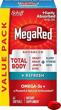 MegaRed Omega-3 Blend Total Body + Refresh 500mg Softgels, 65 Count in a Bottle, Easily Absorbed Krill Oil, to Support Your Heart, Joints, Brain & Eyes | Fish Oil + Krill Oil Softgels, EPA & DHA, Heart, Brain, Joint & Eye Support, Restful sleep, Stress, Skin, Antioxidant,