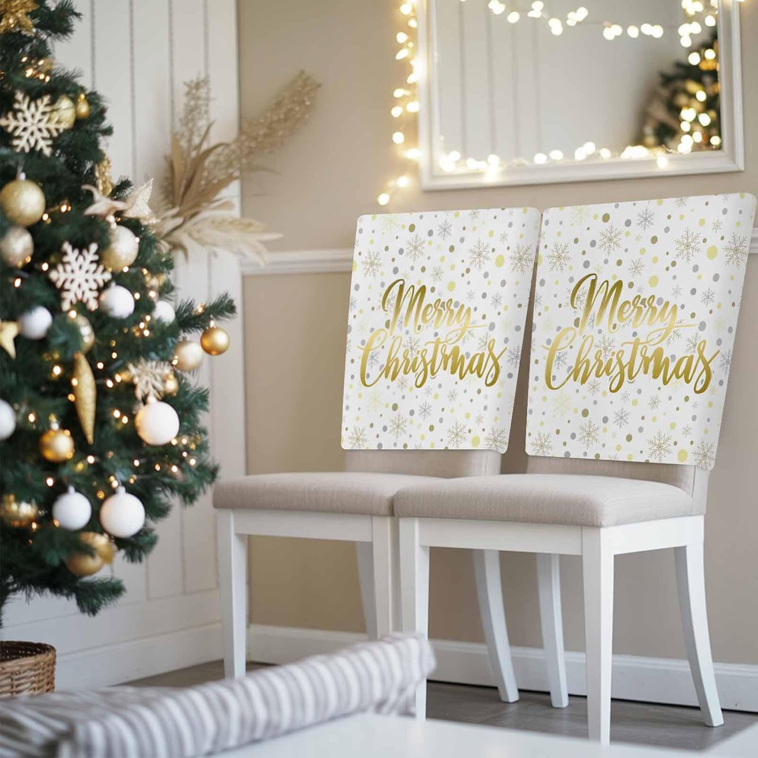 Savannan Dining Chair Back Covers, Merry Christmas Snowflake Polka Dot Gold White Chair Covers Chair Slipcovers Protective Covers for Holiday Party Festival Decoration, Set of 4