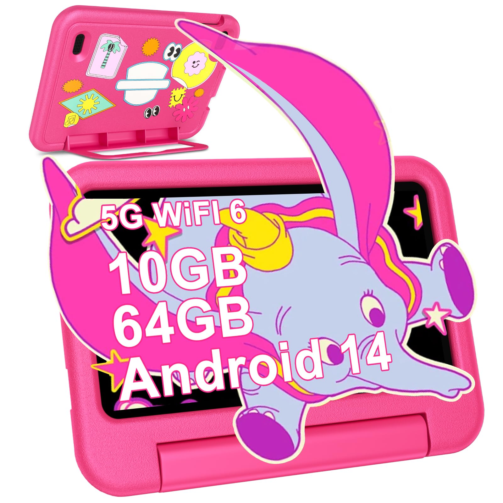Tablet Andorid 14 Tablet Bambini 7 Pollici 10GB RAM + 64GB ROM (TF 1TB), WiFi 6, BT5.0, Octa-Core, Controllo Parentale | Doppia Fotocamera | GMS Certificated | GPS | Tablet con Custodia EVA - Rosa